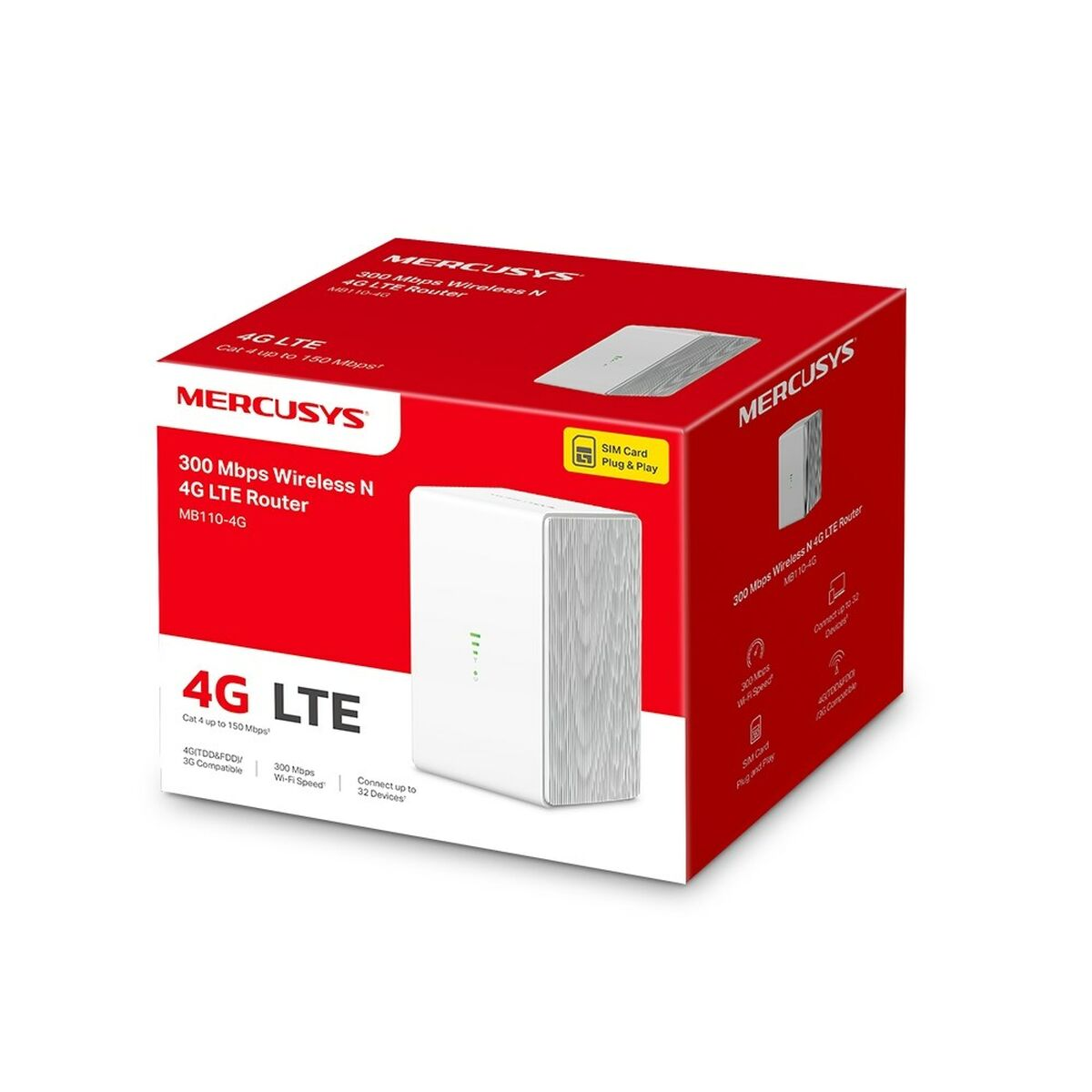 Scatola router rossa e bianca. Presenta il marchio Mercusys e 4G LTE.
