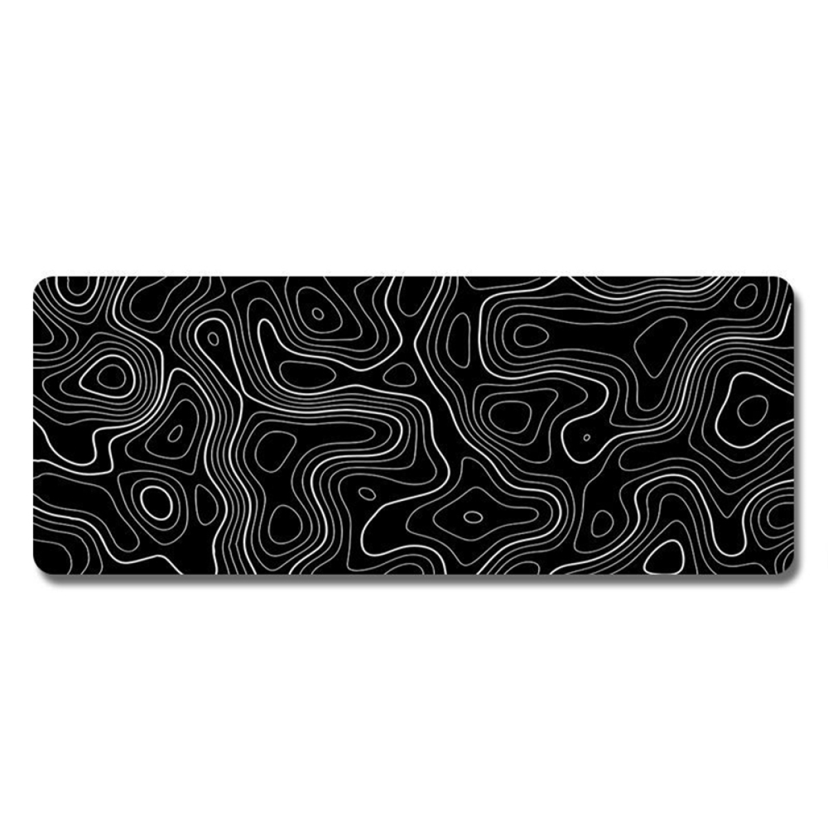 Ein schwarzes Mauspad mit weißen topografischen Linien. Die Linien bilden ein komplexes Muster.