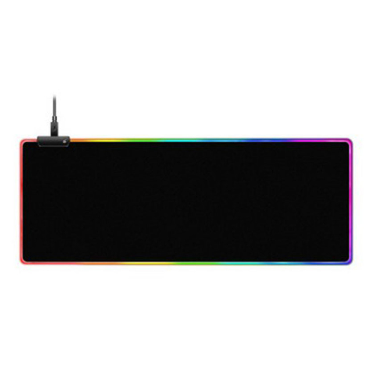 Ein schwarzes rechteckiges Gaming-Mauspad mit farbenfrohem LED-Rand und angeschlossenem Kabel.