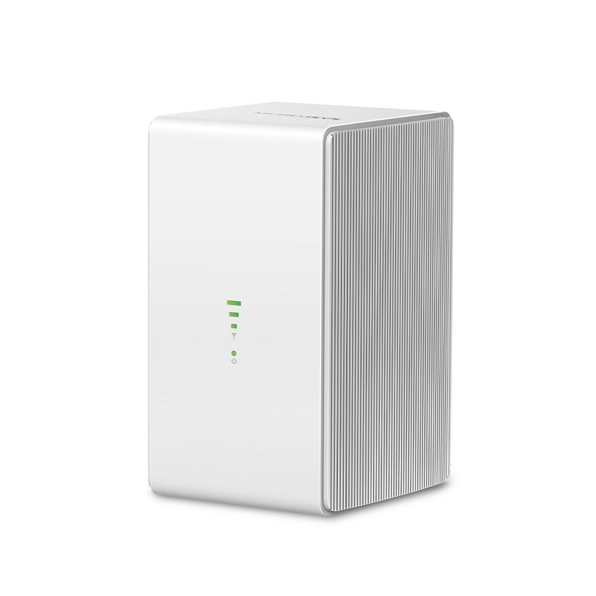 Un router bianco rettangolare con luci verdi frontali. Su una superficie bianca.