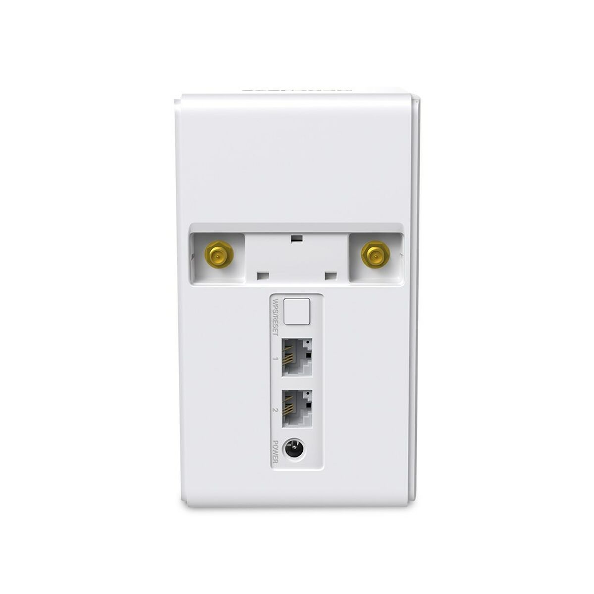 Retro del router bianco con porte e connettori antenna, isolato su bianco.