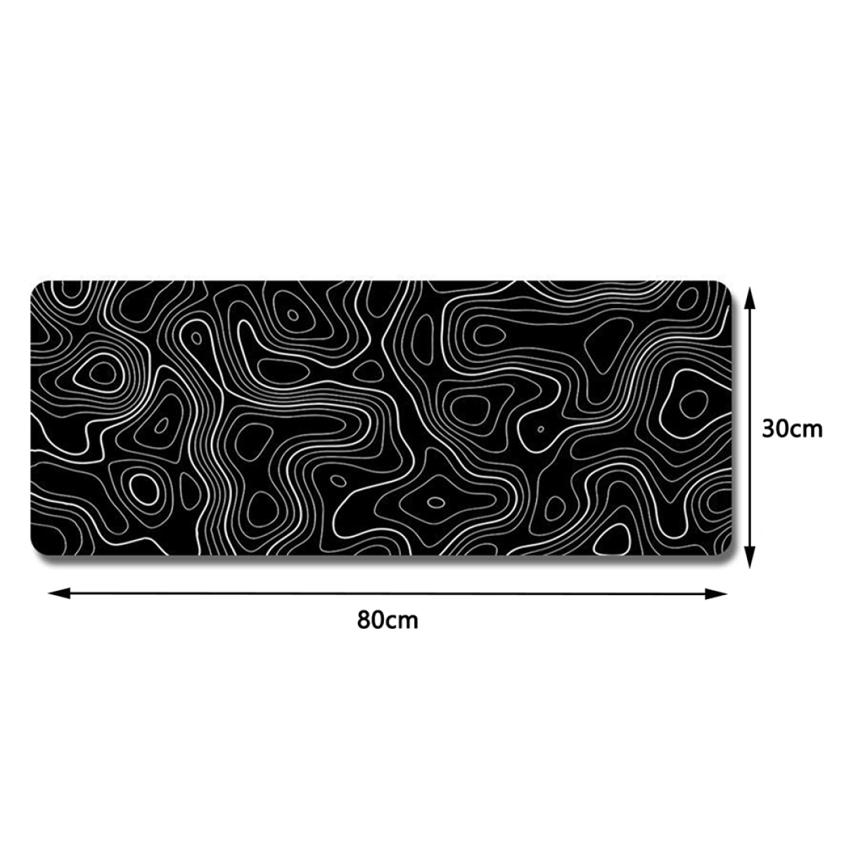 Schwarz-weiß topografisches Mauspad. 80 cm lang, 30 cm breit, mit weißen Linien auf schwarzem Grund.