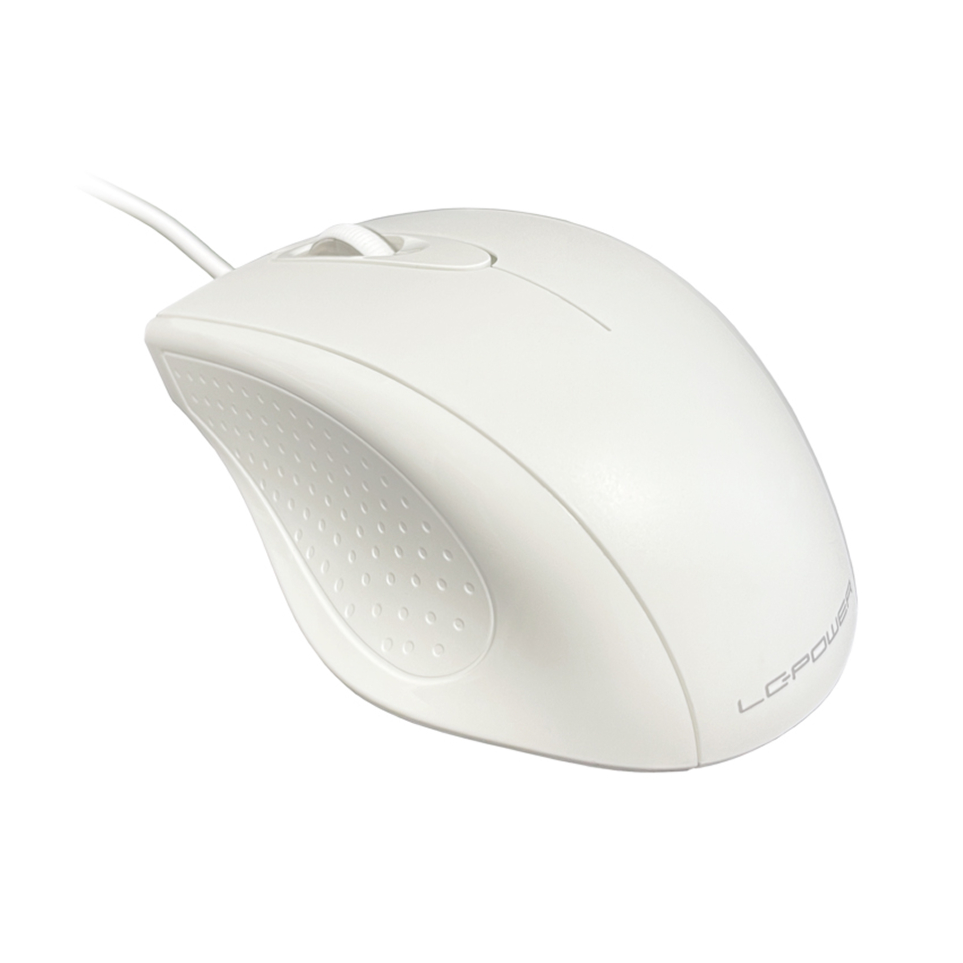 White computer mouse with a cable. It has a curved design and a textured side grip.