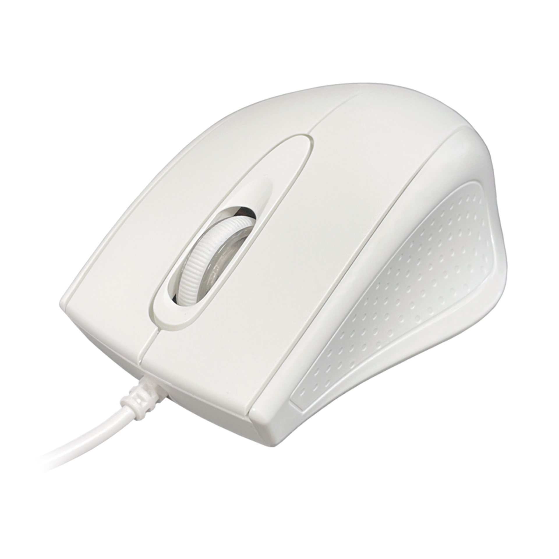 White computer mouse with a scroll wheel and a connecting cable, isolated on white background.