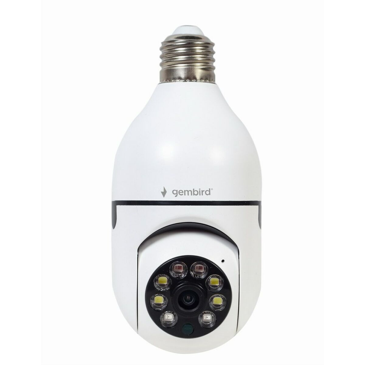 Une ampoule blanche avec une caméra à l'intérieur. Elle porte le logo gembird.
