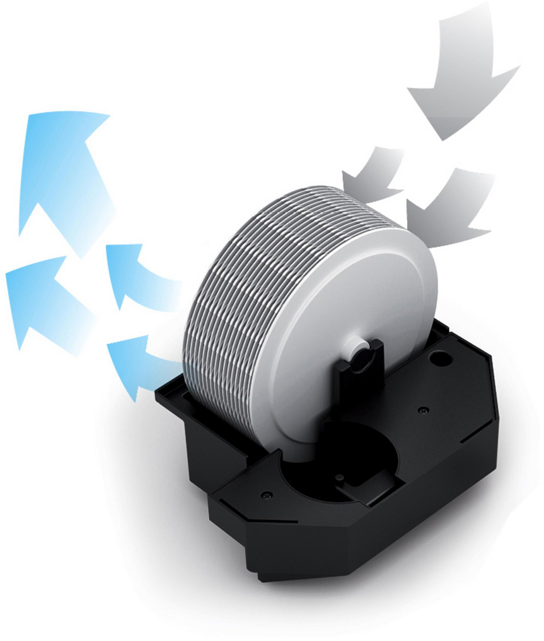 Air purifier filter with blue arrows indicating airflow, on a white background.