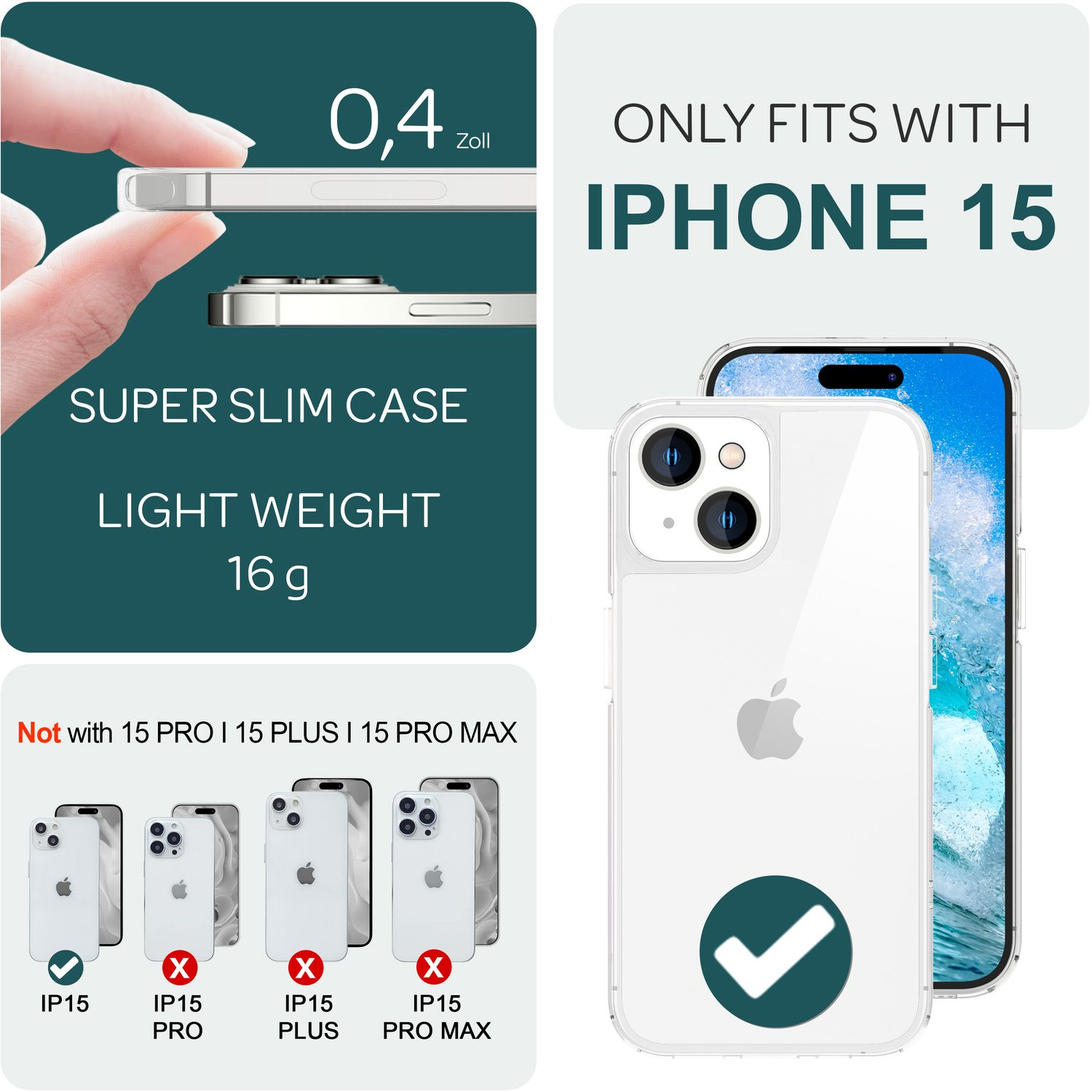 Ein iPhone 15 mit Hülle. Text weist darauf hin, dass es nur für das iPhone 15 und nicht für andere Modelle geeignet ist.