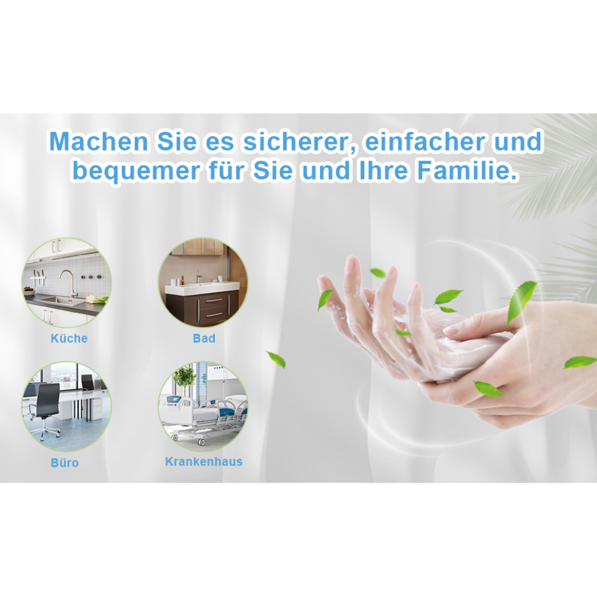 Eine Werbung mit Bildern von Küche, Bad, Büro und Krankenhaus mit Text.