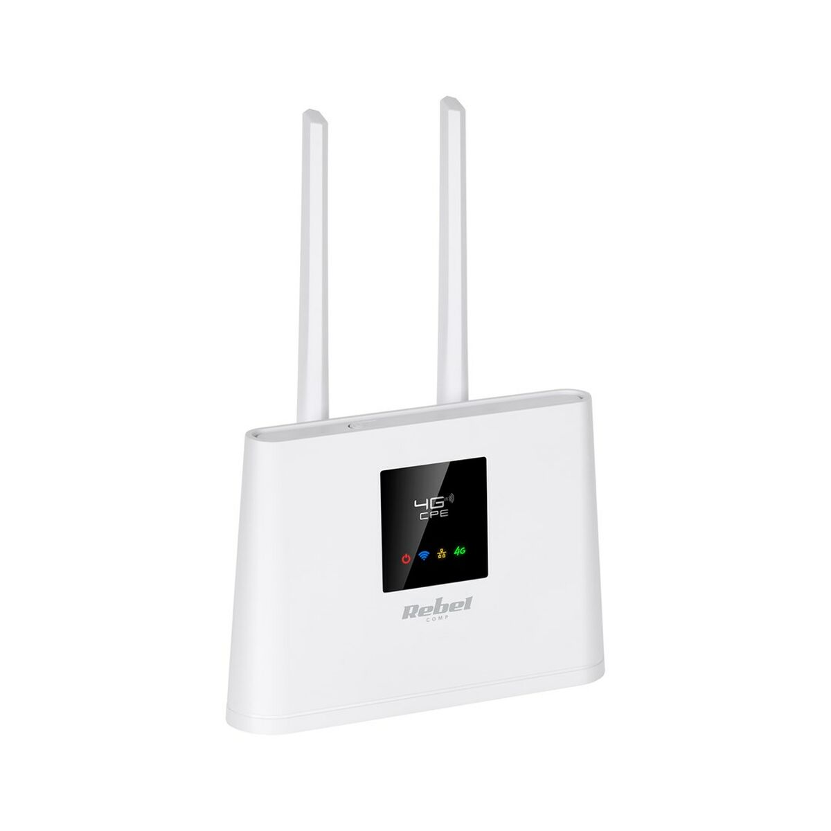 Ein weißer Router mit zwei Antennen. Er hat ein Display mit 4G- und Signal-Symbolen.
