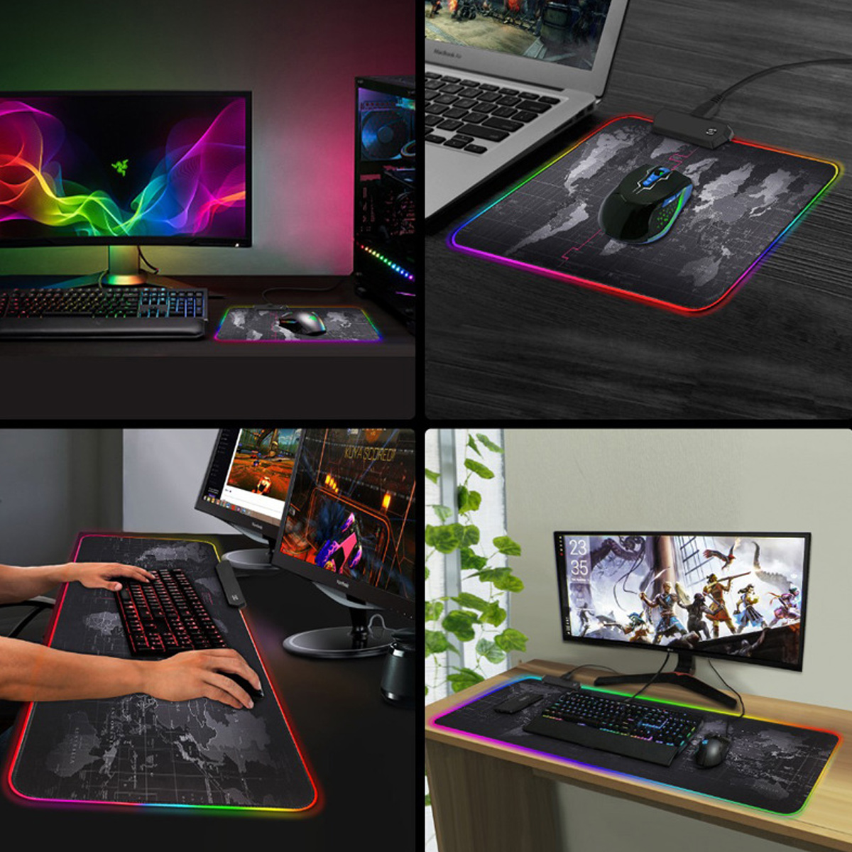 Mehrere Gaming-Setups: Tastatur, Maus, Schreibtisch und Monitor mit LED-Leuchten.