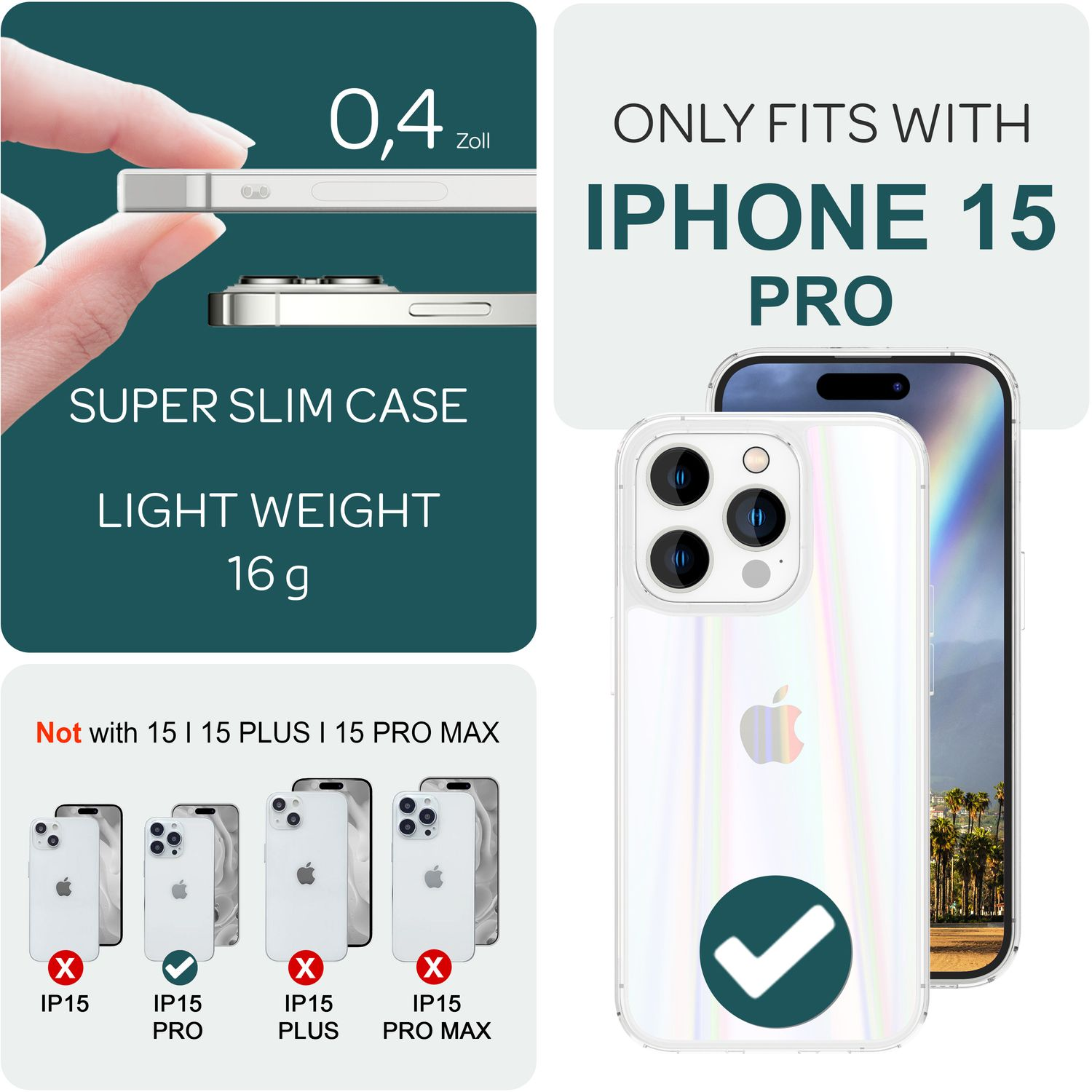 Silberne Handyhülle mit iPhone 15 Pro. Text: Super Slim Case, Light Weight. Bilder zeigen Kompatibilität.
