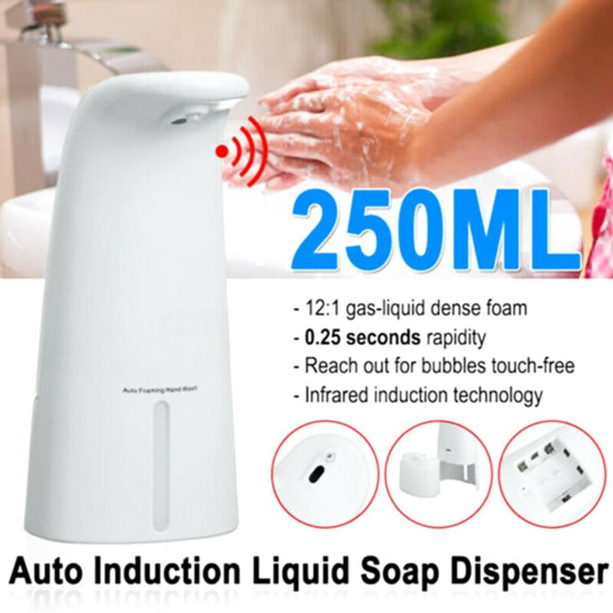 Weißer automatischer Seifenspender mit Text über 250ml Kapazität und berührungslose Bedienung.