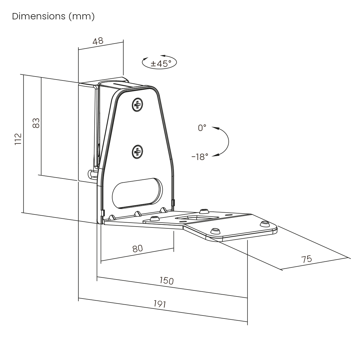 Diagramm einer Montagehalterung mit Abmessungen in mm und Winkeleinstellungen.
