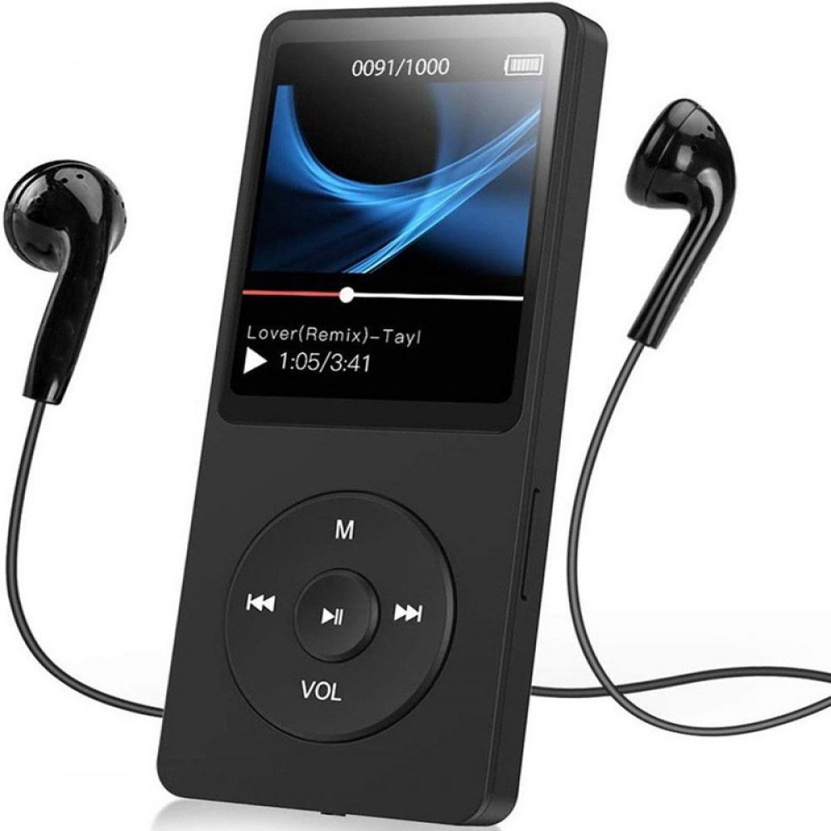 Schwarzer MP3-Player mit Kopfhörern. Der Bildschirm zeigt Musikinformationen an. Der Player hat Tasten zur Steuerung.