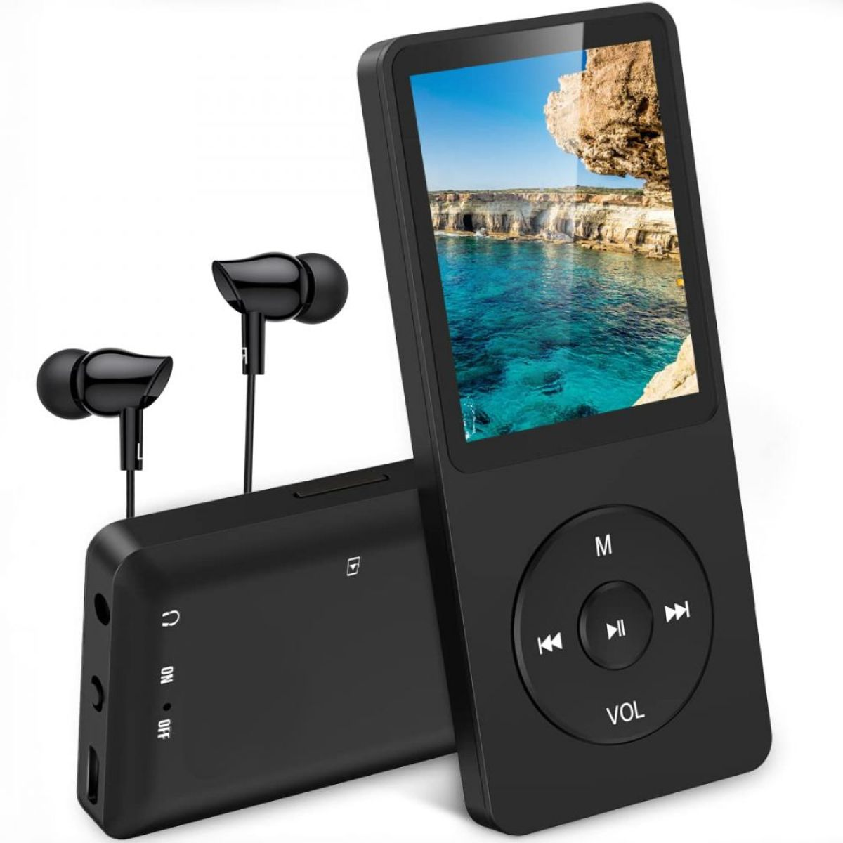 Ein schwarzer MP3-Player mit Bildschirm und Kopfhörern. Es ist ein tragbares Musikgerät.