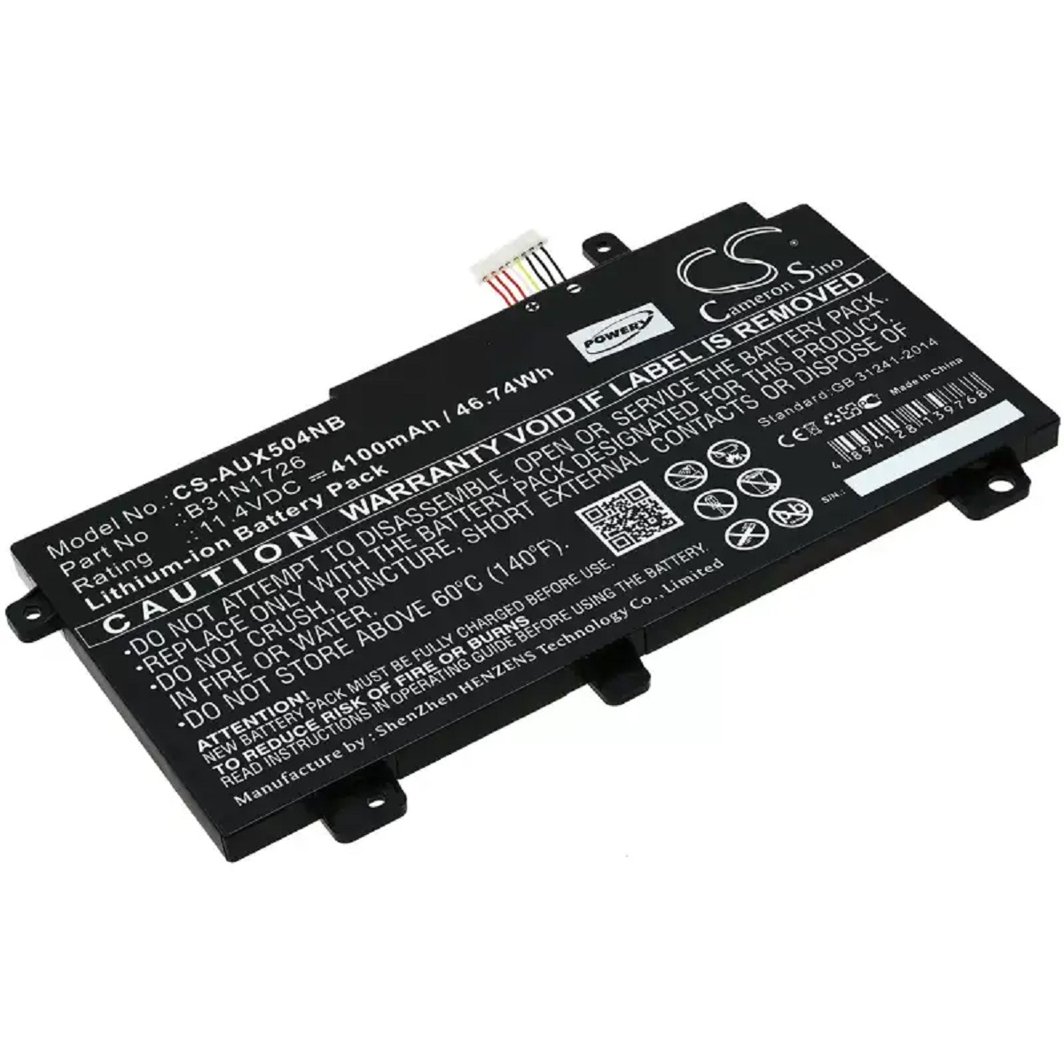 Schwarze und silberne Laptop-Batterie. Etiketten und Text auf der Batterie. Weißer Hintergrund.
