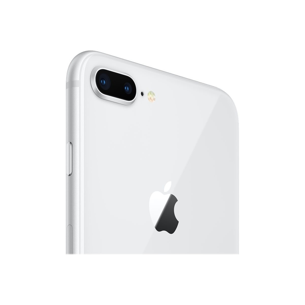 Widok z tyłu białego iPhone'a 8 Plus. Widoczne logo Apple, podwójny aparat i lampa błyskowa. Telefon wyizolowany.
