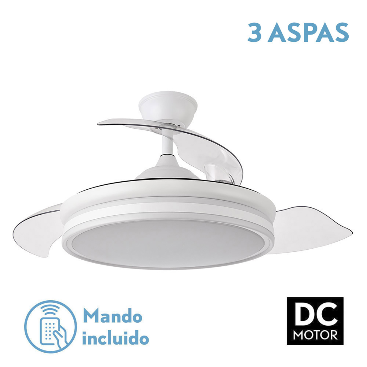 Ventilador de techo blanco con tres aspas y una luz central, con mando a distancia.