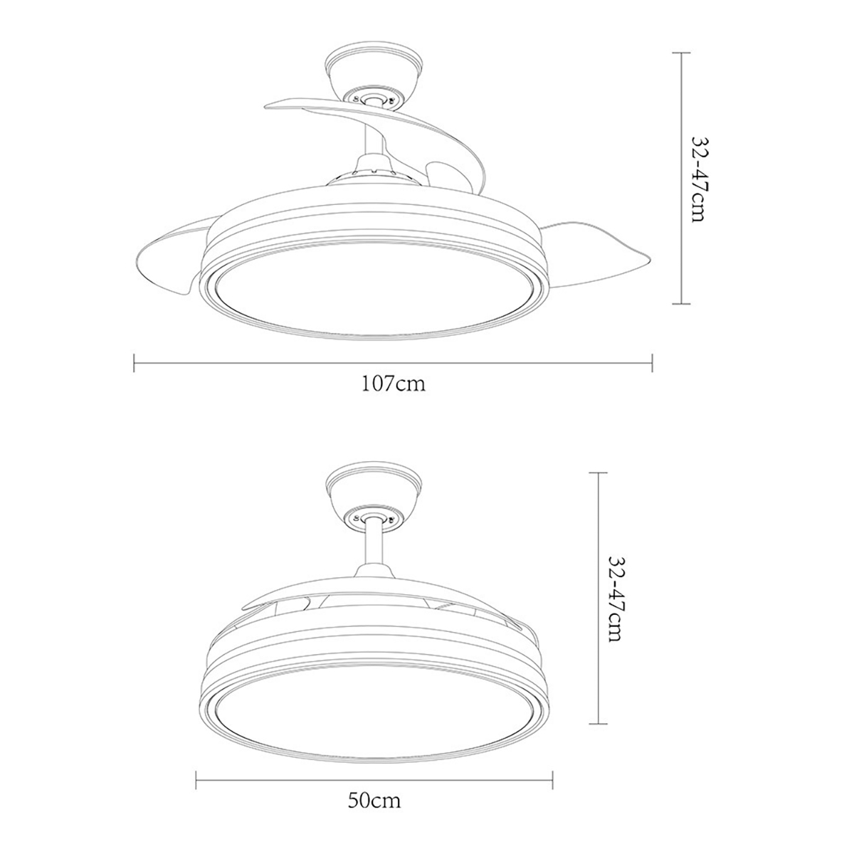 Dibujos técnicos de ventiladores de techo, mostrando dimensiones y detalles de diseño.