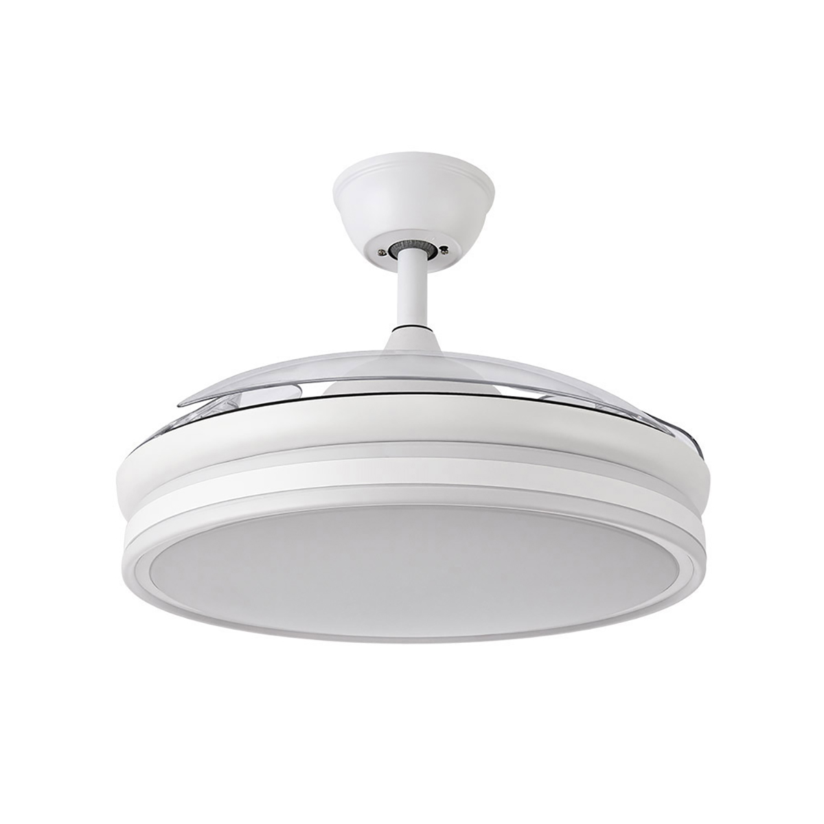 Ventilador de techo blanco con luces, moldura cromada.