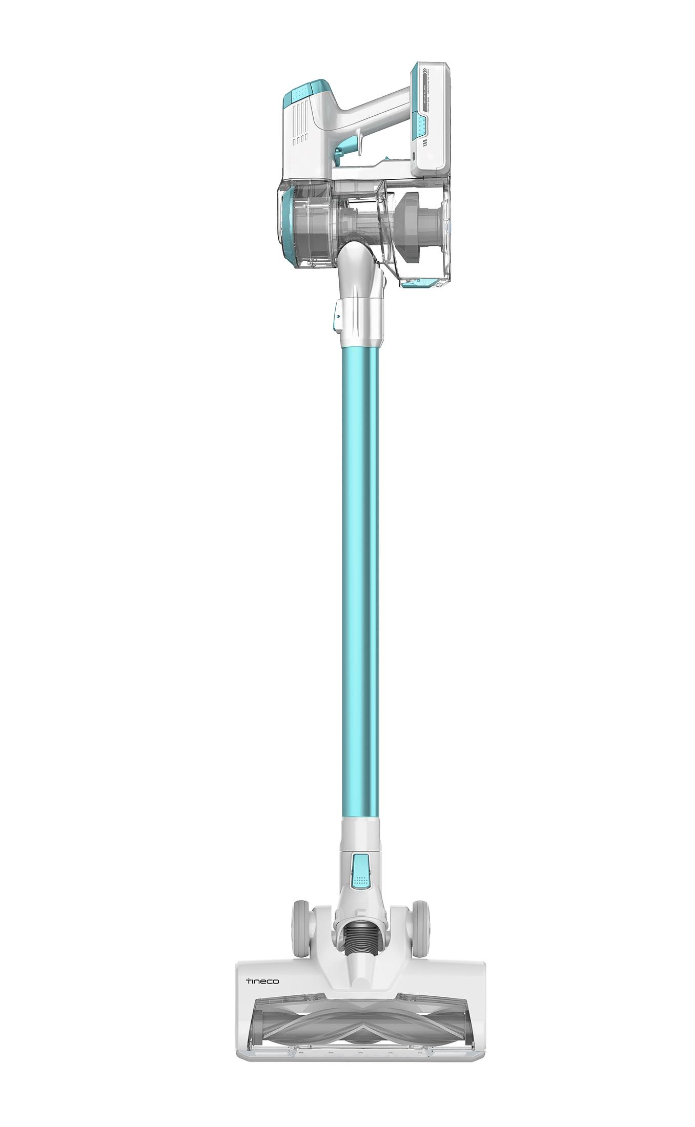 Aspirateur-balai sans fil en turquoise et blanc. Isolé sur blanc.