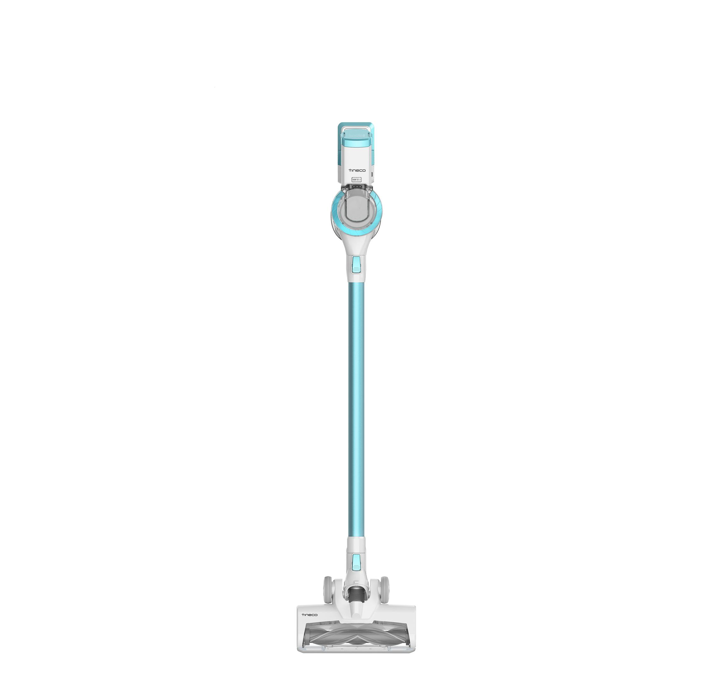 Un aspirateur sans fil bleu sarcelle et blanc, droit et prêt à l'emploi, fond blanc.