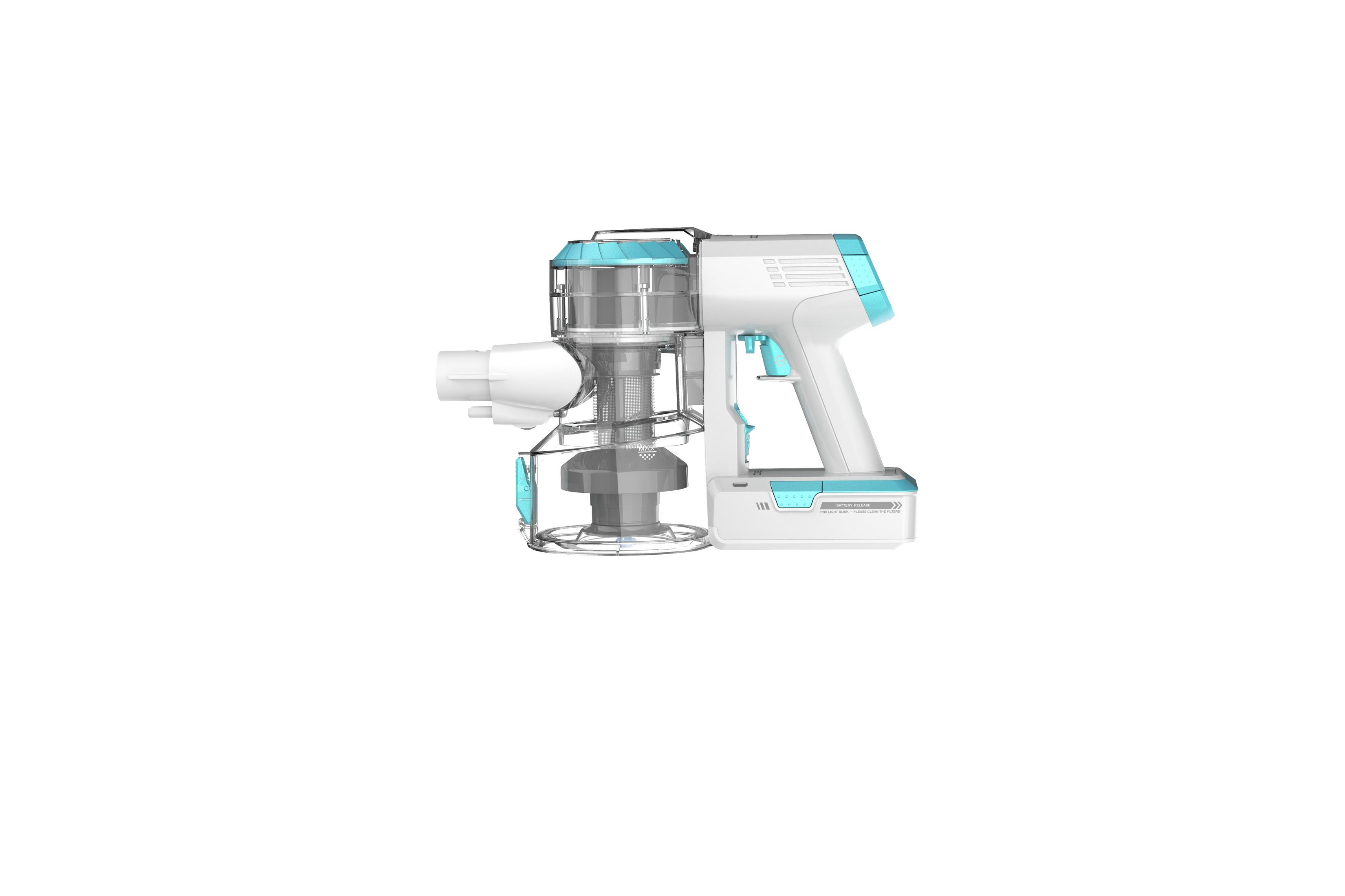 Aspirateur à main, design blanc et bleu sarcelle. Isolé sur fond blanc. Vue latérale.