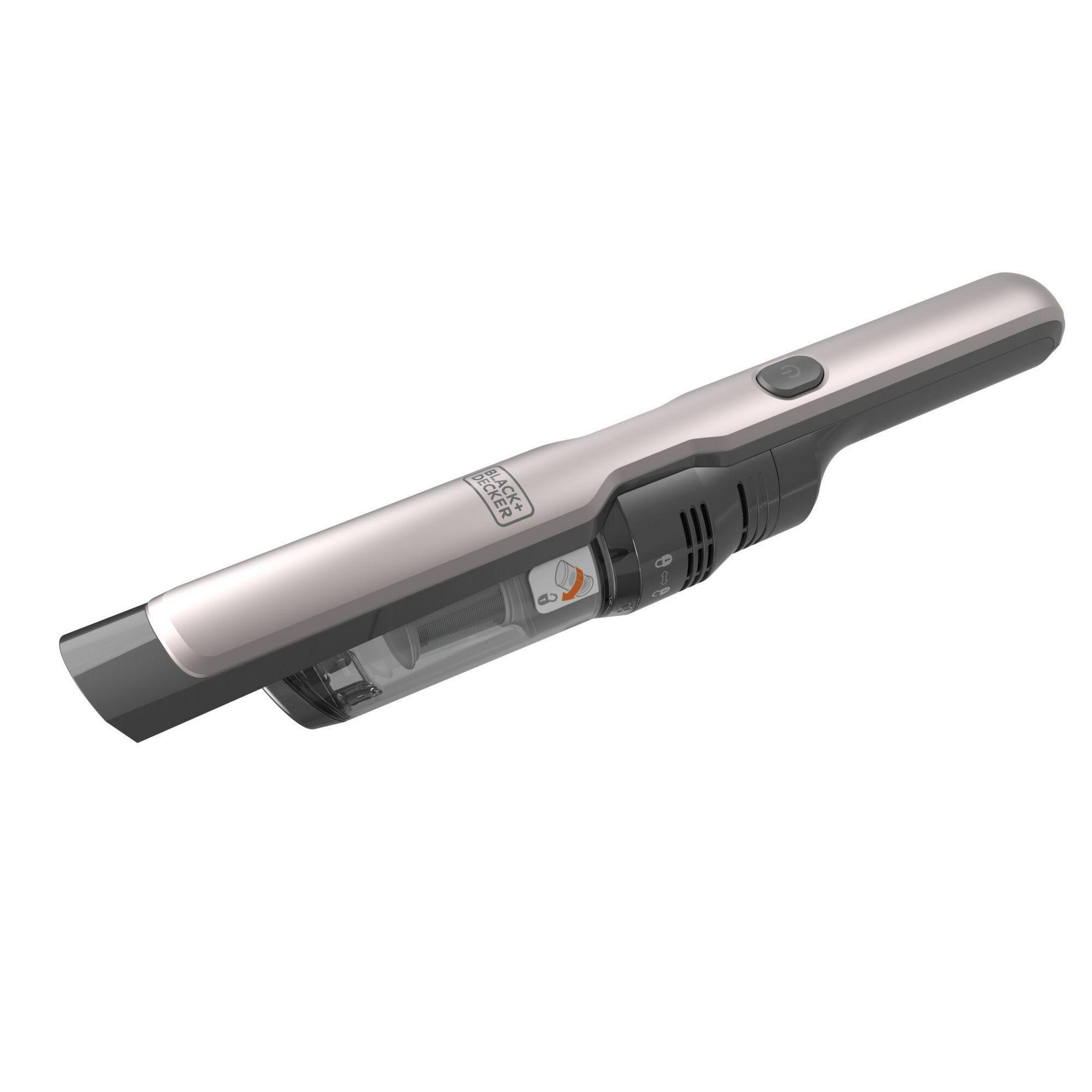 Black and silver handheld vacuum cleaner. It has a clear compartment.