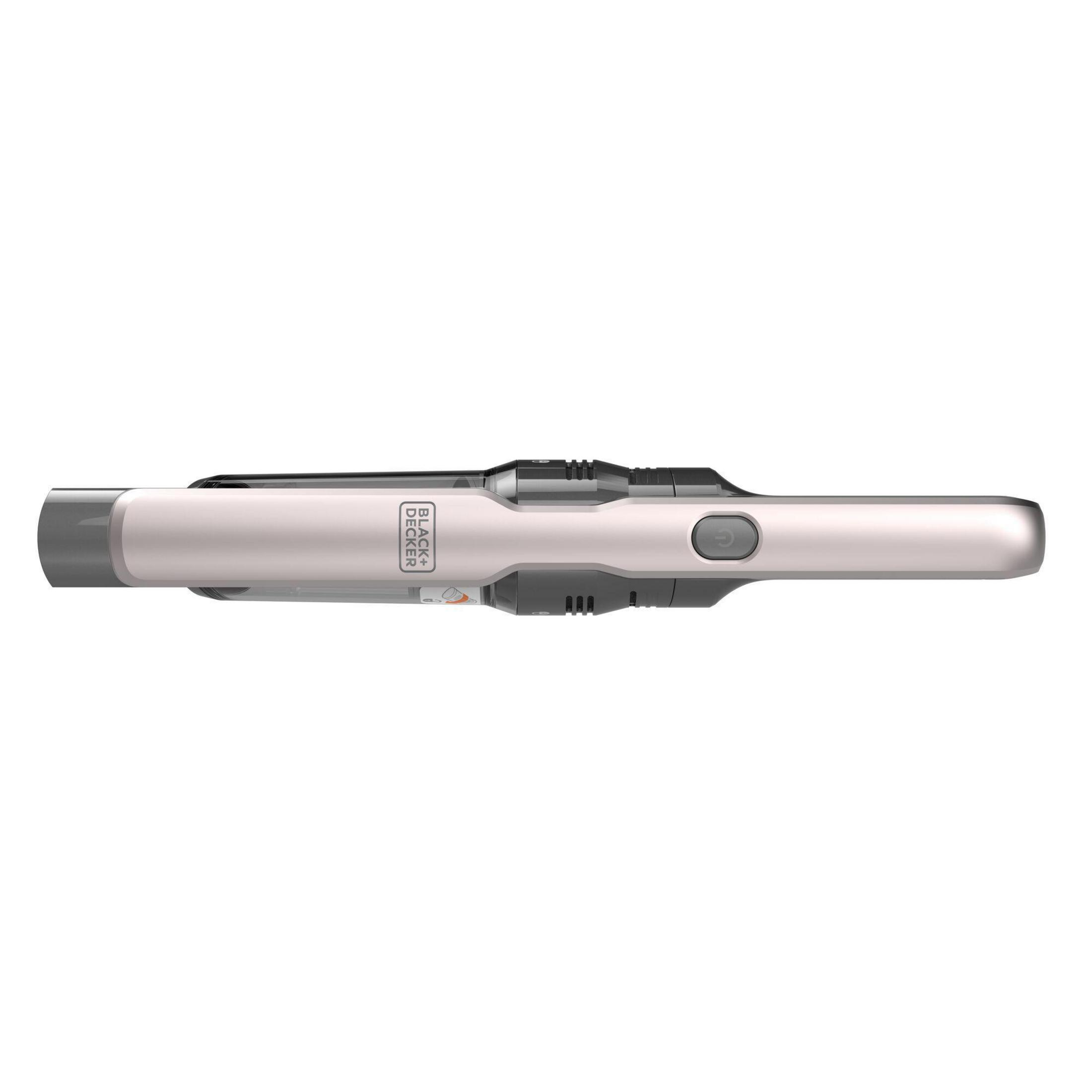 A vacuum cleaner from above, showing its shape and features, neutral colors.