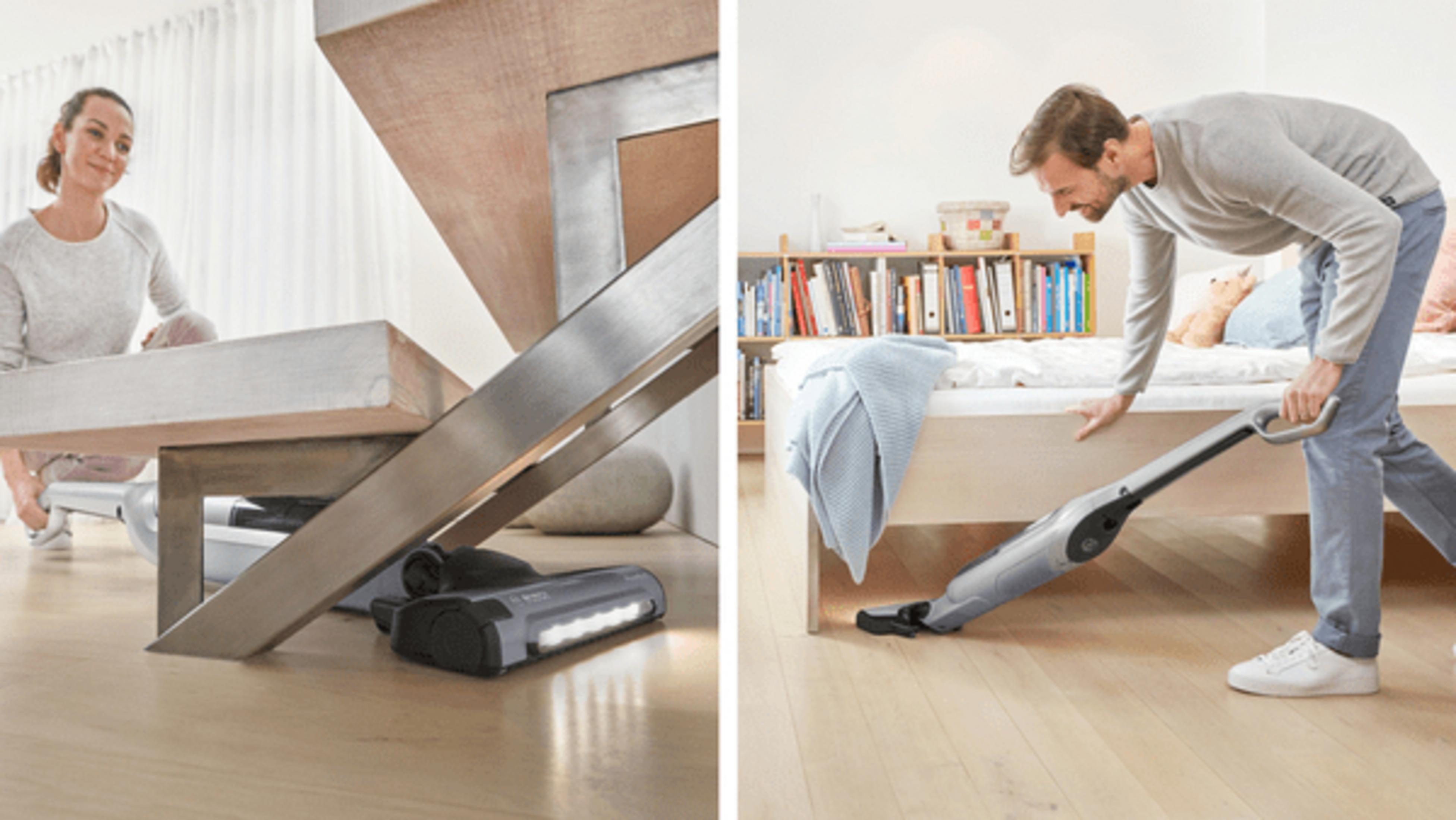 Zwei Bilder. Frau wischt Treppe, Mann saugt unter Bett mit Staubsauger.