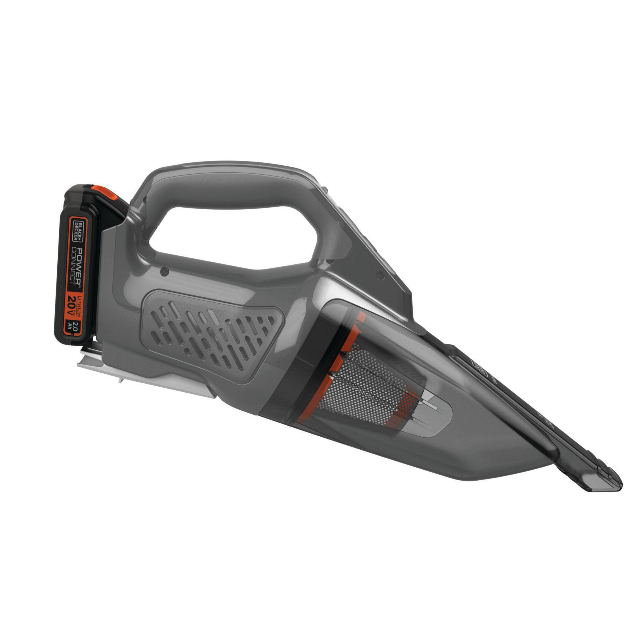 Grauer Handstaubsauger mit orangefarbenen Akzenten. Weißer Hintergrund.