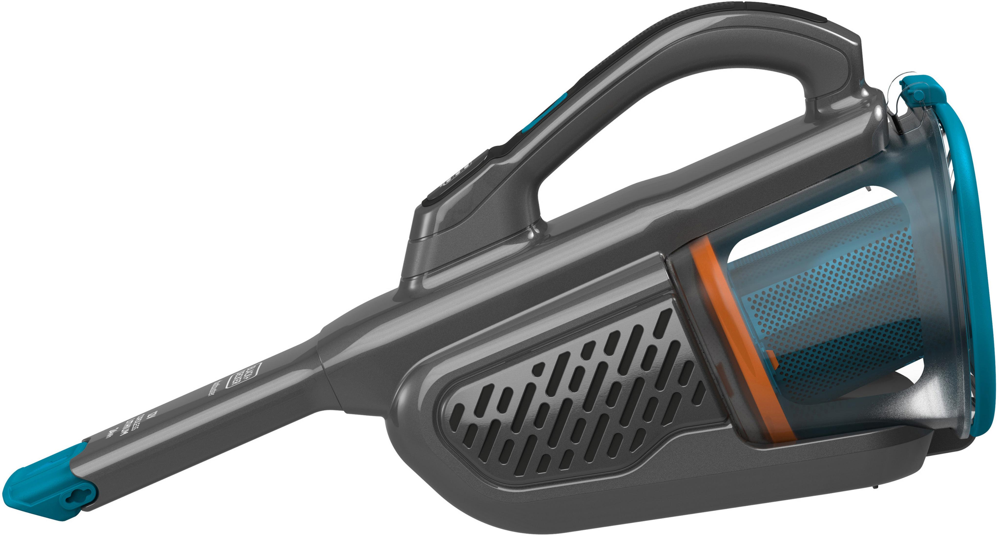 Grijze en turquoise handstofzuiger met handvat. Voorzien van een transparante stofbak met oranje accenten.