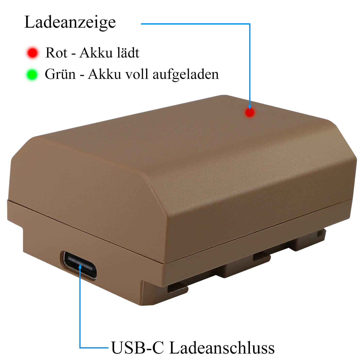 Ein brauner Akku mit USB-C-Anschluss und Ladeanzeige mit rotem Licht.