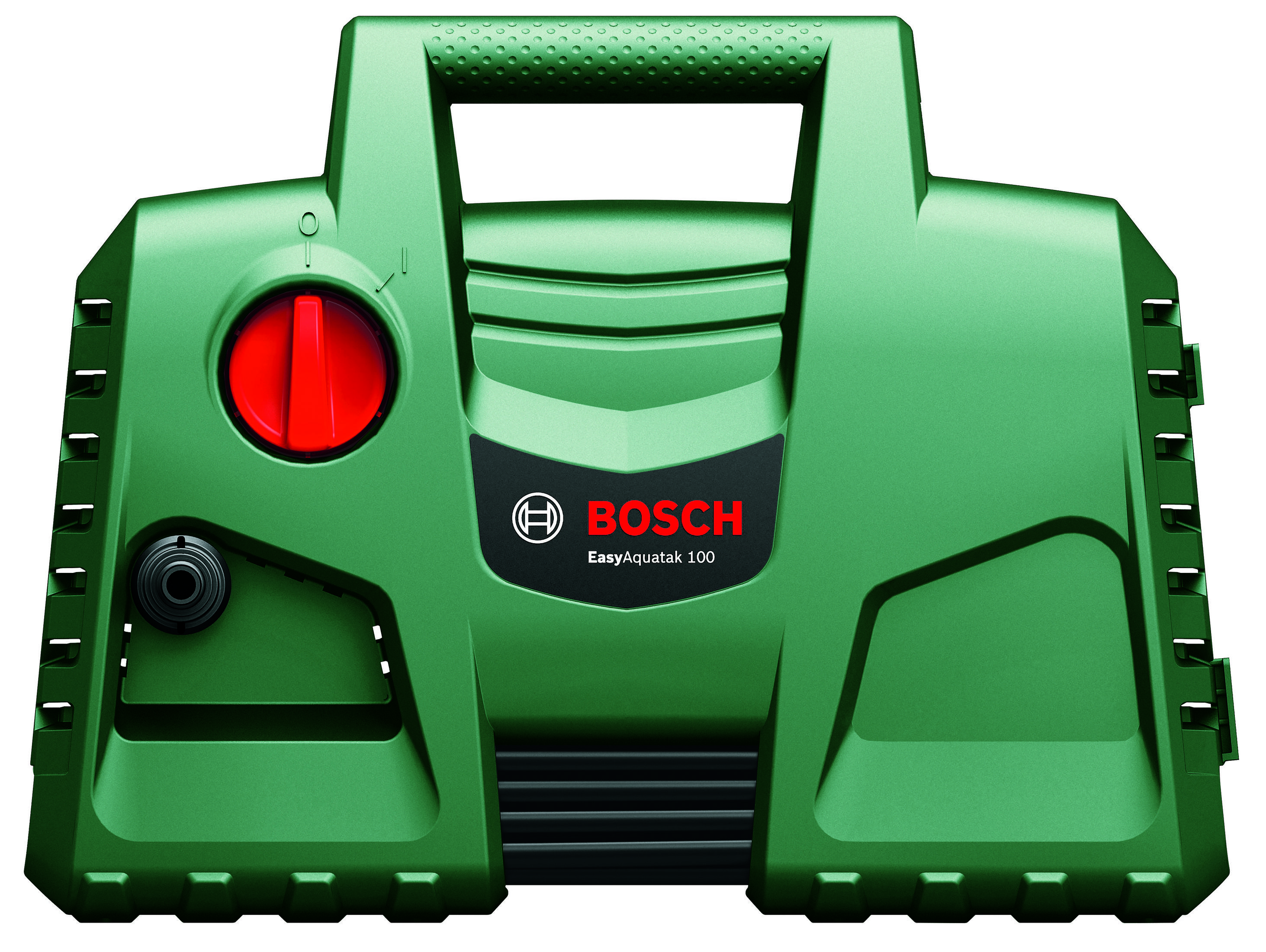 Kırmızı kapaklı ve siyah nozullu yeşil Bosch EasyAquatak 100 basınçlı yıkama makinesi.