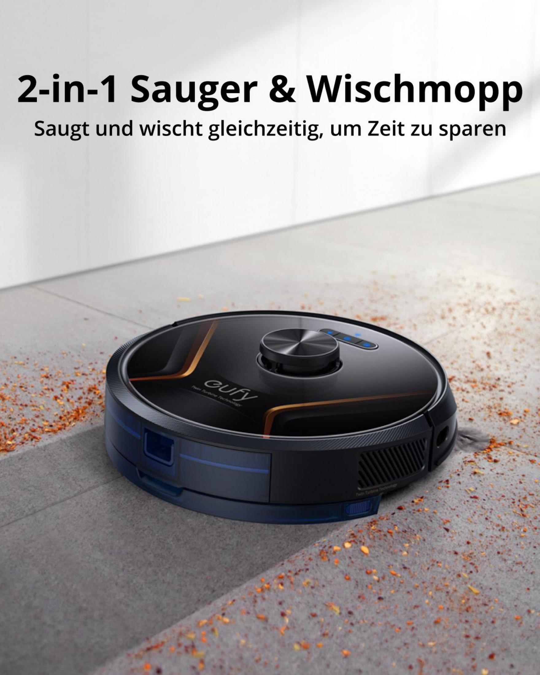 Czarny odkurzacz automatyczny na szarej podłodze. Tekst: Odkurzacz i mop 2 w 1.