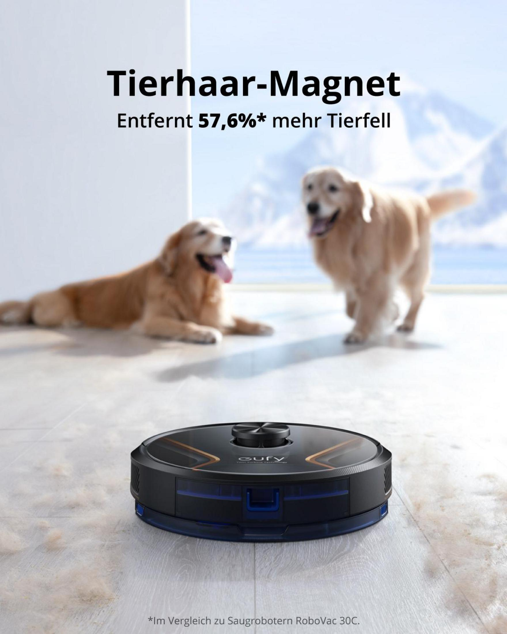 Robot sprzątający z dwoma złotymi retrieverami w tle.