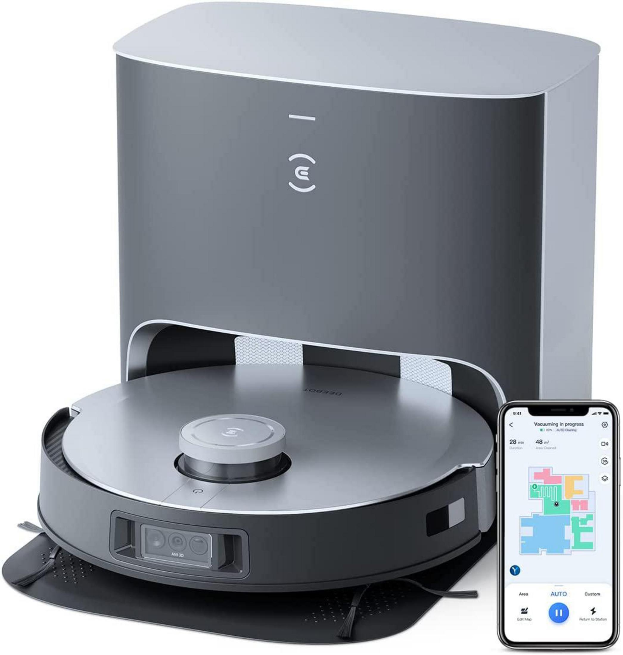 Robot sprzątający z ładowarką i aplikacją na smartfonie.