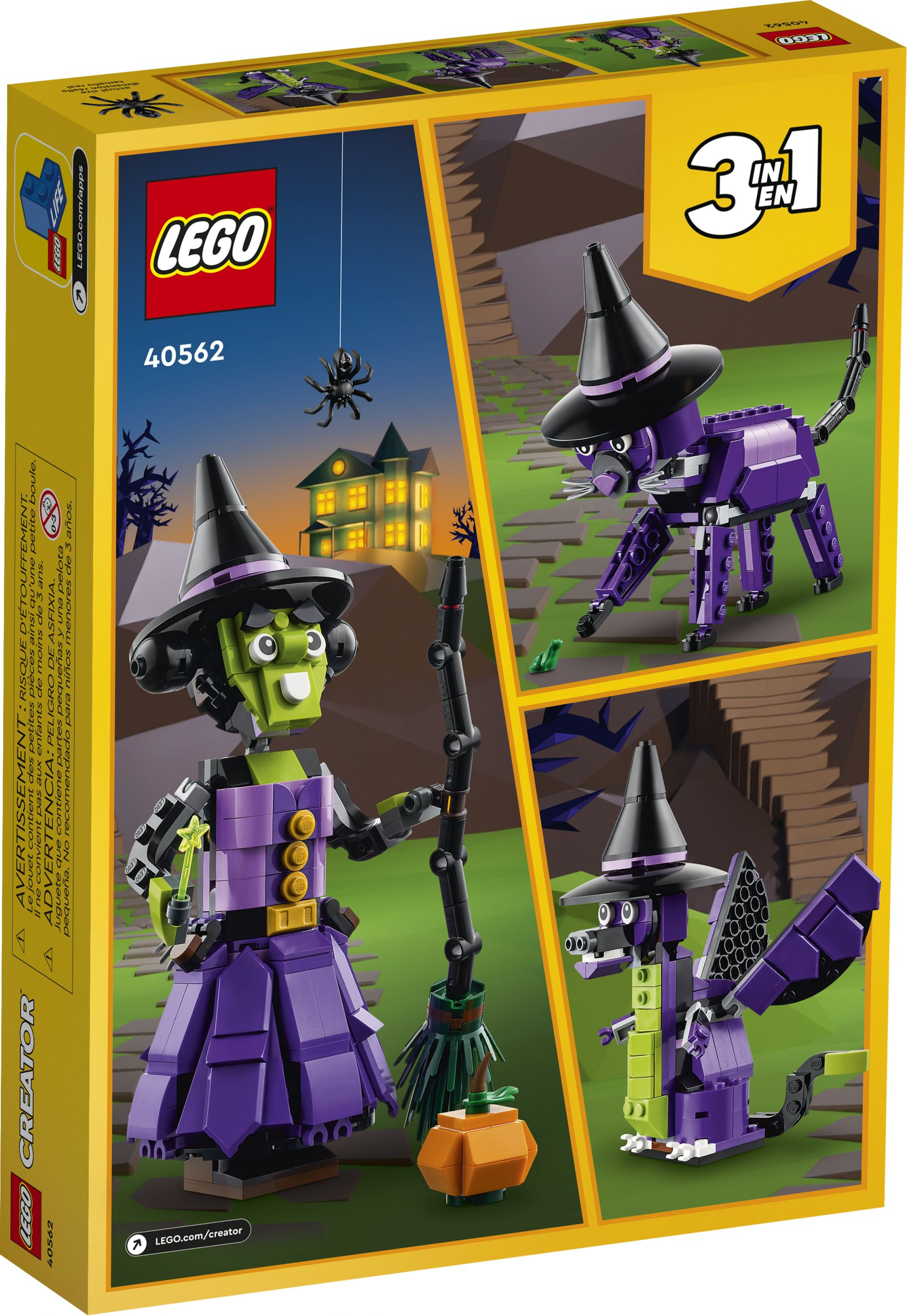 LEGO Halloween set box. It shows a witch, cat, and bat figures. Green grass, a haunted house, and a spider complete the scene.