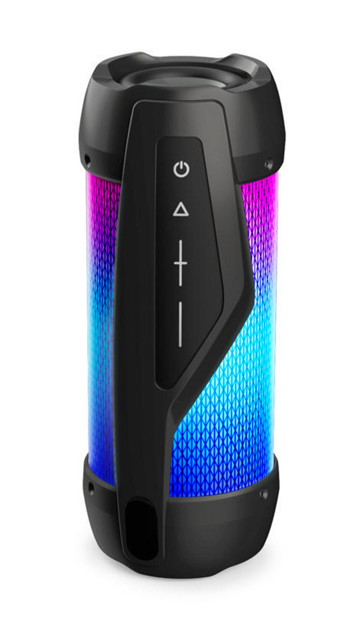 Cilindrische Bluetooth-luidspreker, zwart, met kleurrijke lichten. Witte achtergrond.
