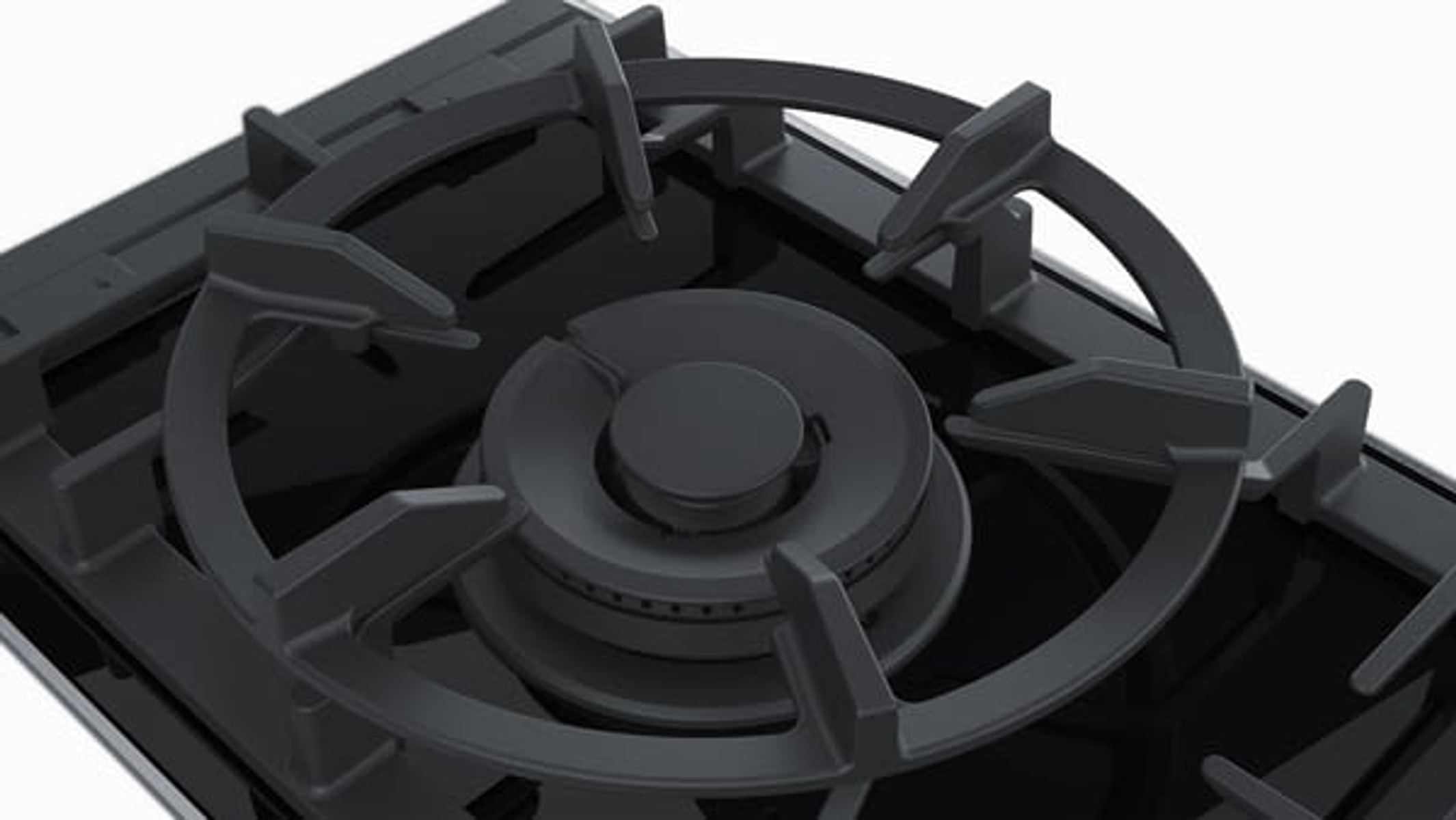 Zbliżenie czarnego palnika kuchenki gazowej z okrągłym wzorem i białym tłem.