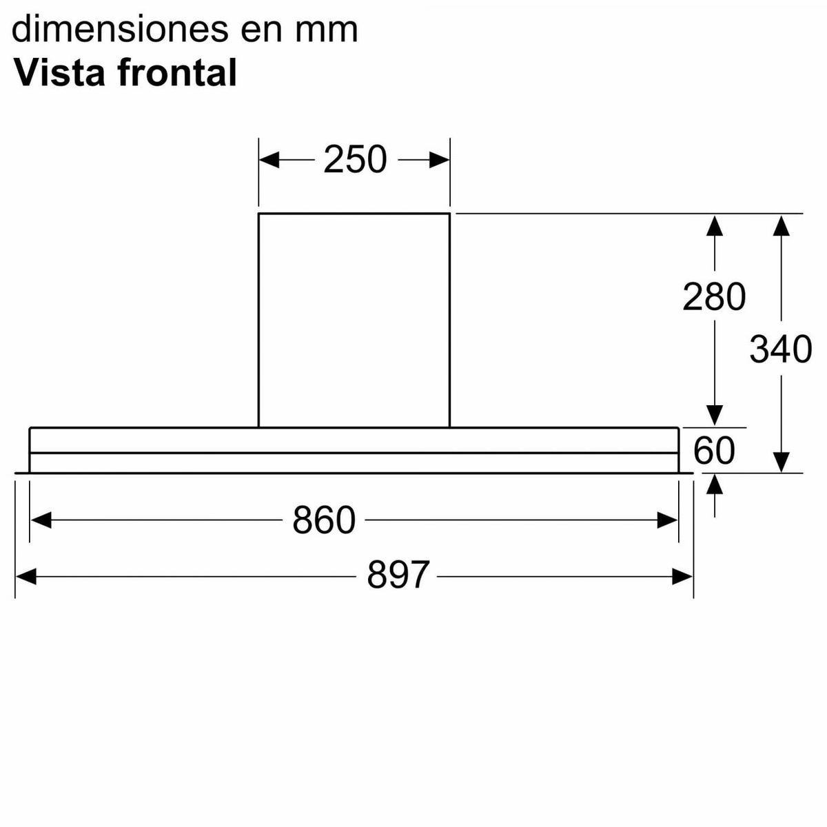 Diagramma delle dimensioni. La parte superiore è larga 250 mm, alta 280 mm e profonda 340 mm.