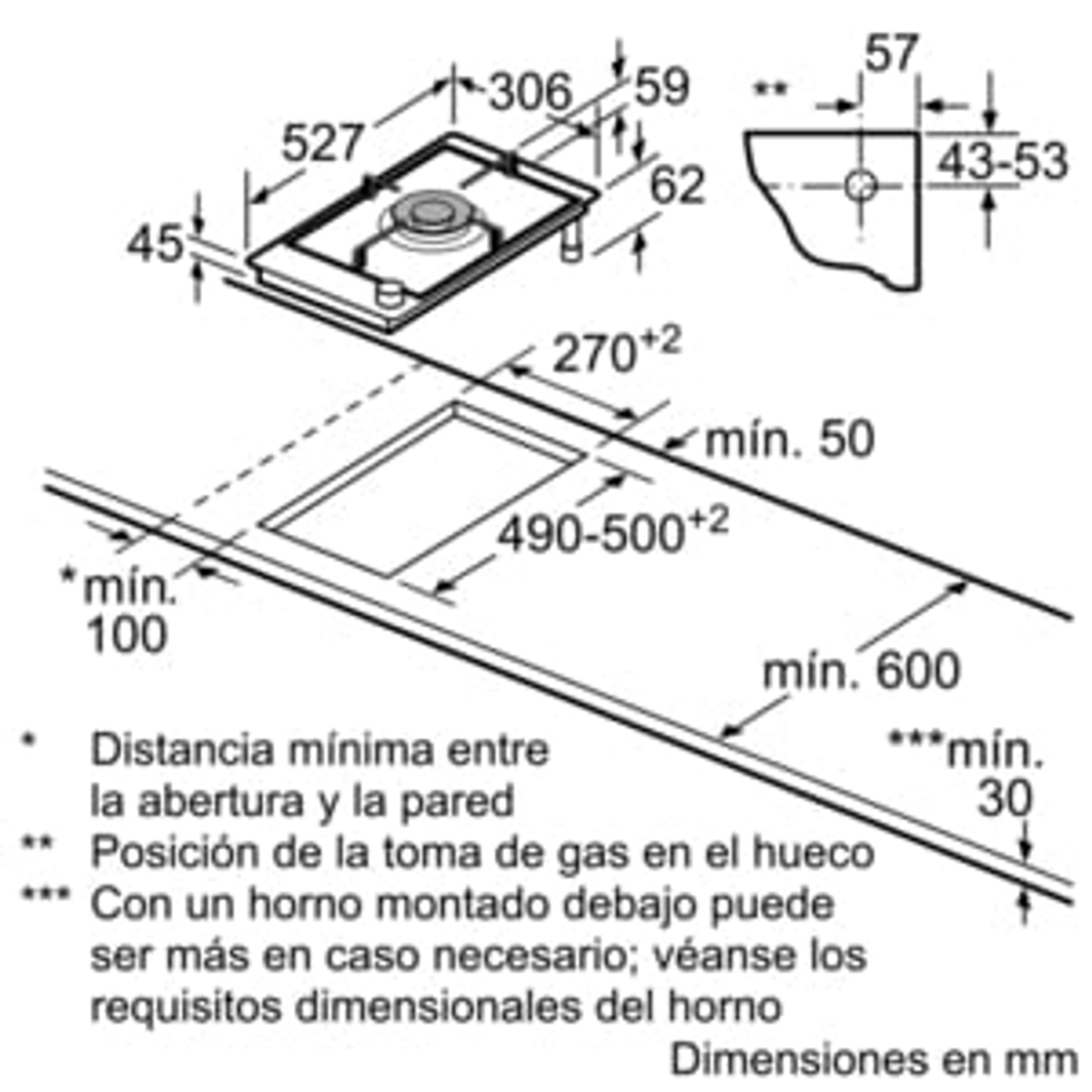 Rysunek techniczny płyty grzejnej z wymiarami. Pokazuje palnik i wymiary w milimetrach.