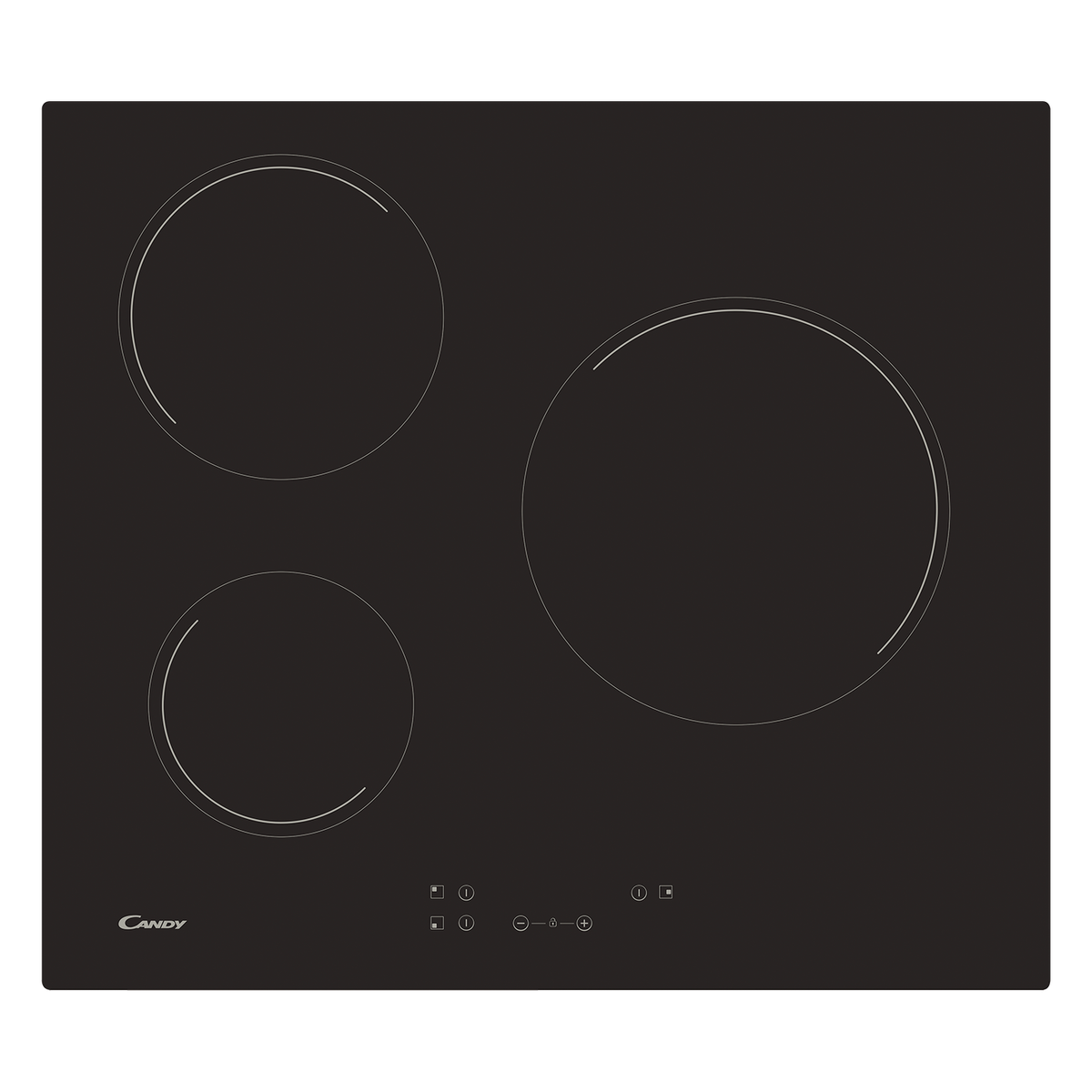 Czarna płyta grzewcza z trzema okrągłymi palnikami. Logo Candy znajduje się w lewym dolnym rogu.