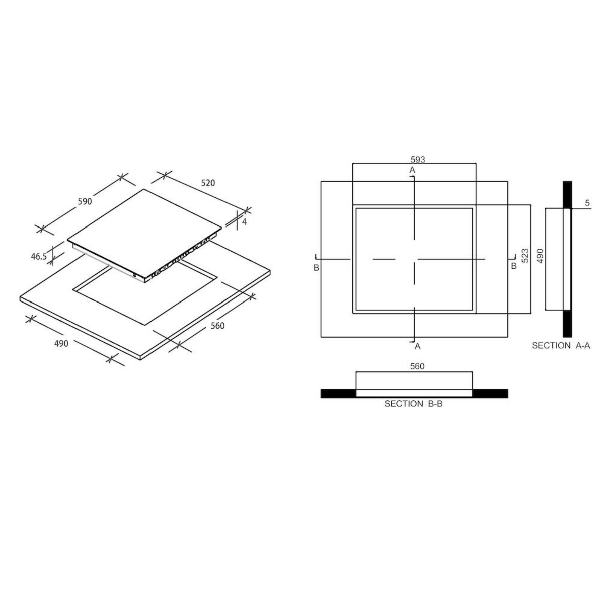 Rysunek izometryczny płyty indukcyjnej z wymiarami. Kwadratowy design z centralną strefą gotowania.