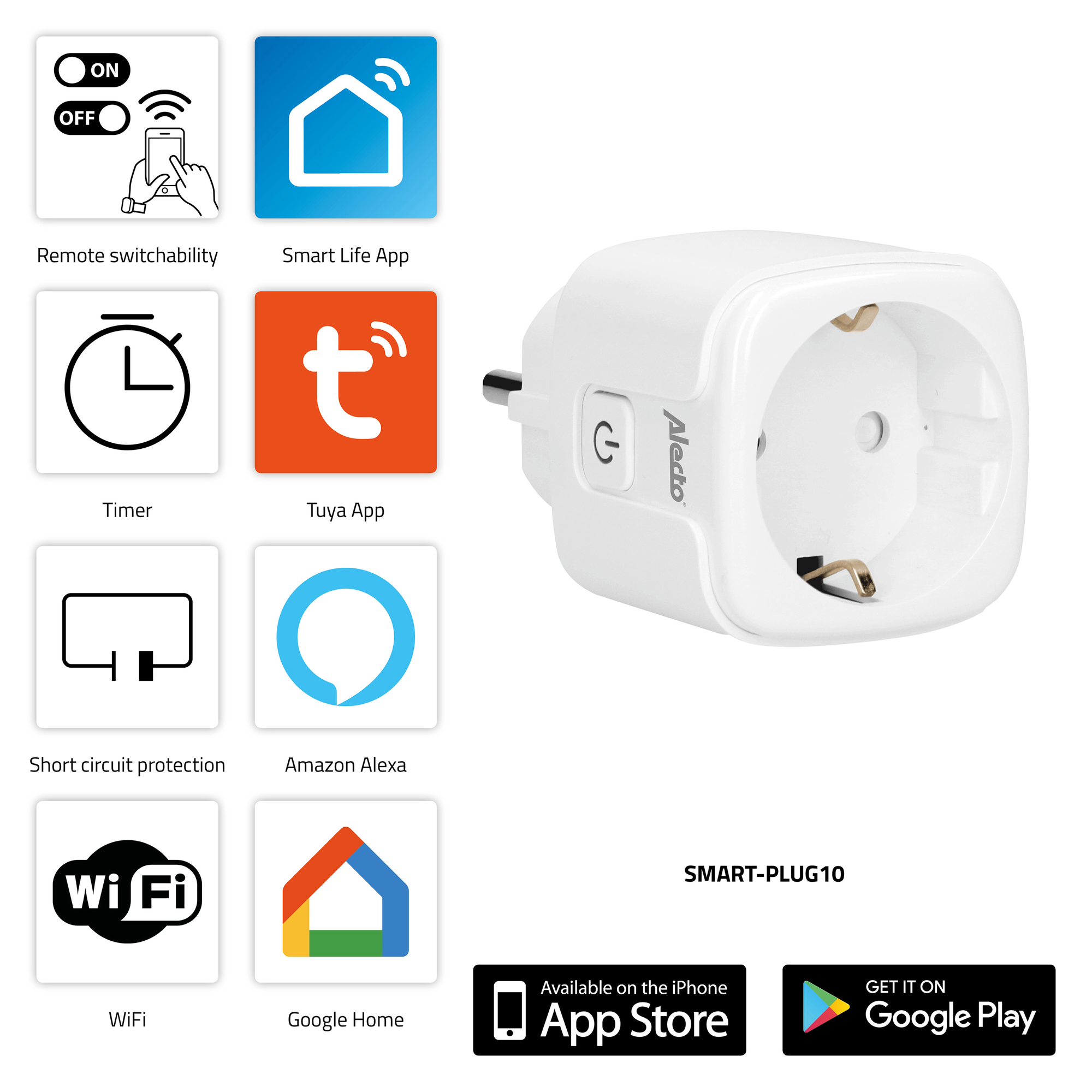 White smart plug with icons. Shows wifi, Alexa, Google Home, timer, and short circuit protection.