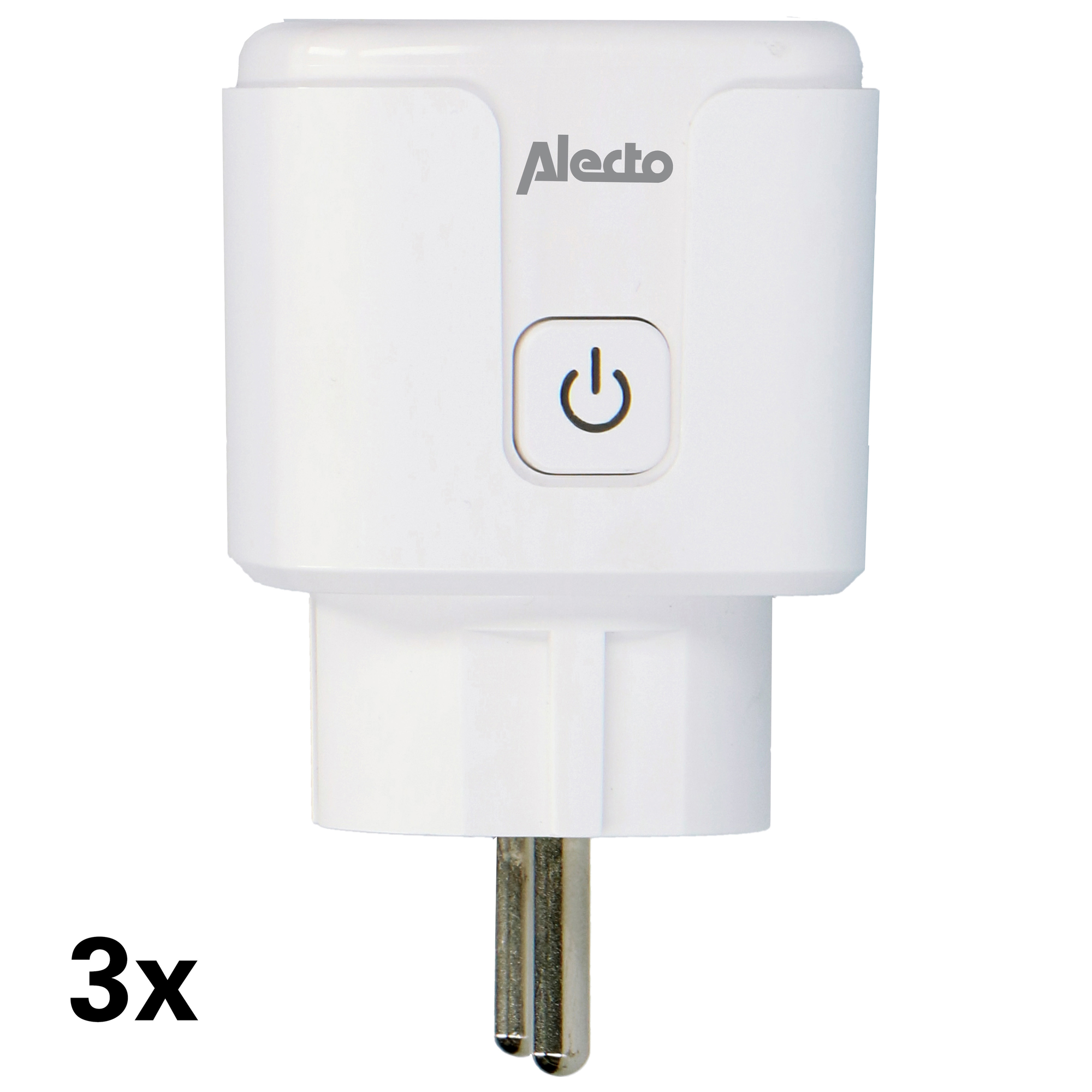 A white Alecto smart plug with a power button, designed for electrical outlets.