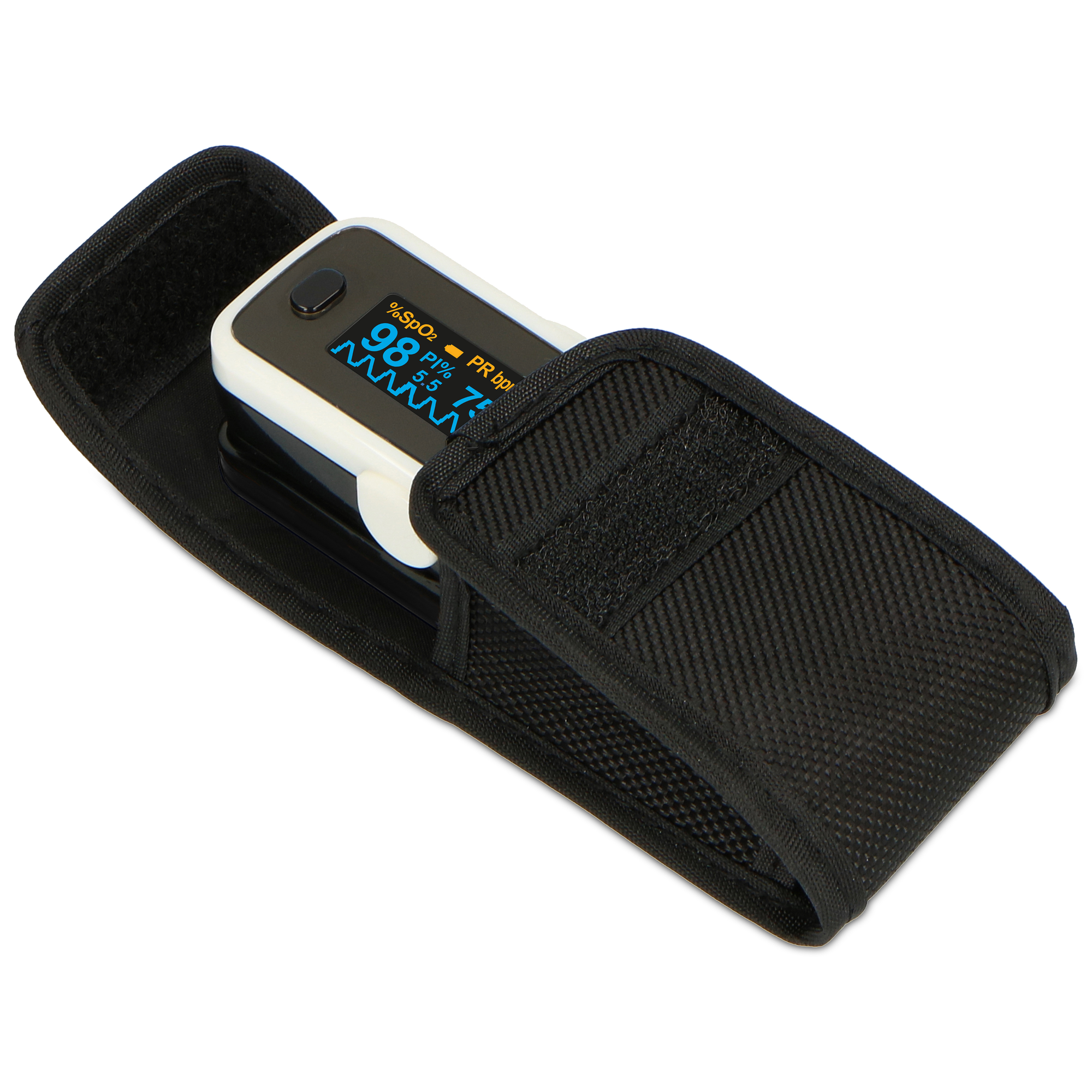 Pulsoximeter in schwarzem Etui, Anzeige auf weißem Bildschirm, auf weißem Hintergrund.
