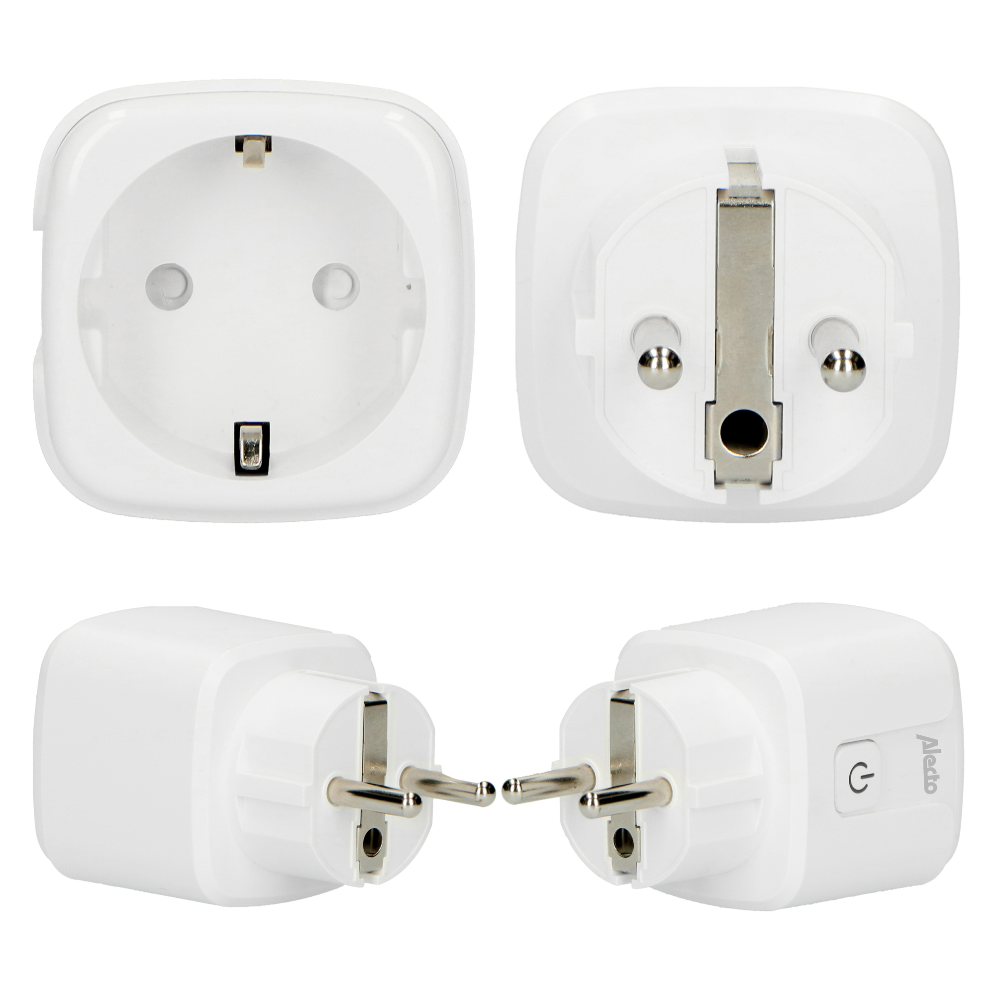 Four white smart plugs. Views from different angles show the plug's front, back, and side details.