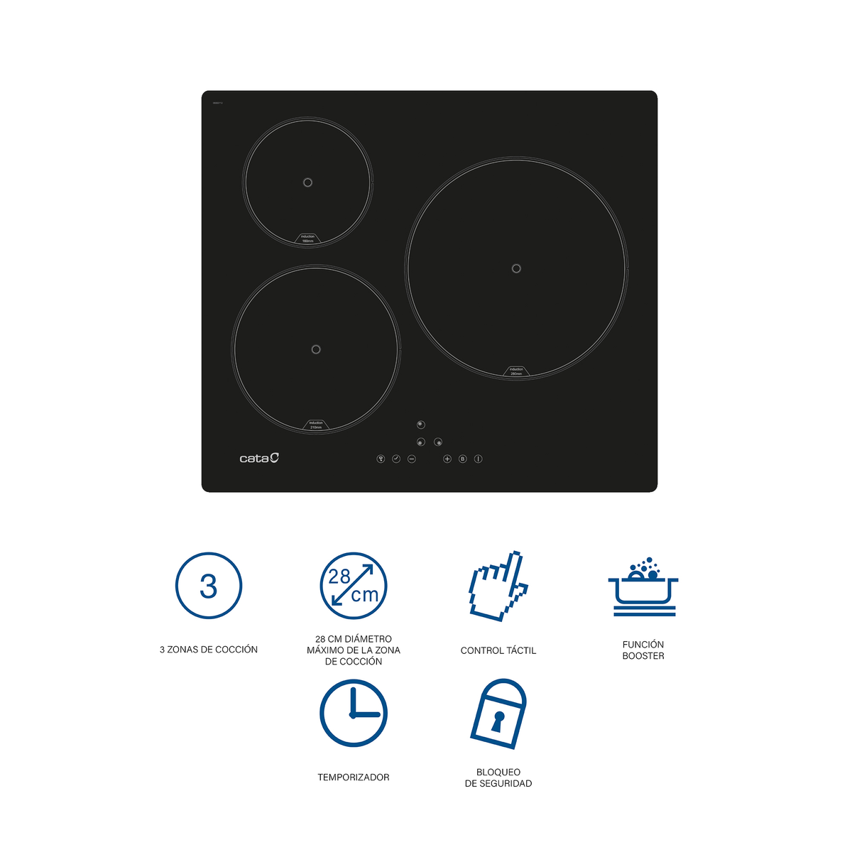Encimera negra con tres quemadores y controles táctiles, con iconos. Texto: '3 zonas', 'control táctil'.