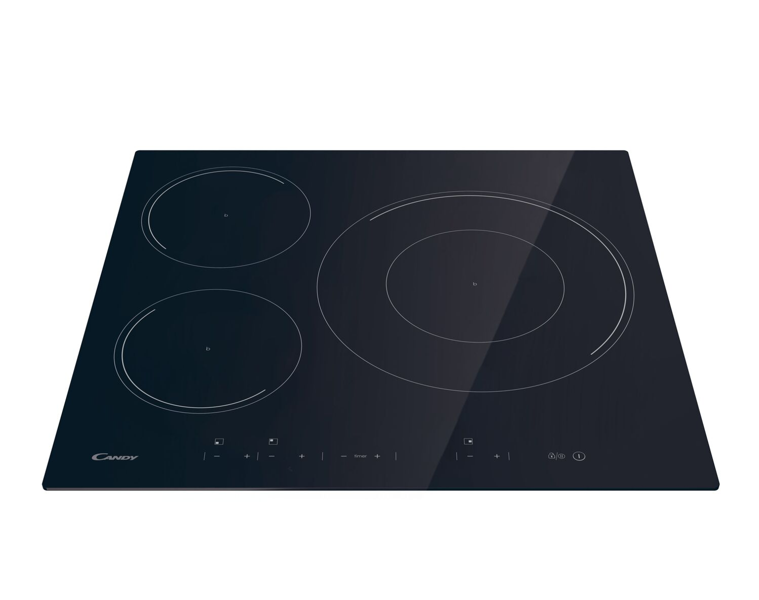 Czarna płyta indukcyjna z trzema strefami grzewczymi i panelem sterowania. Tło jest białe.
